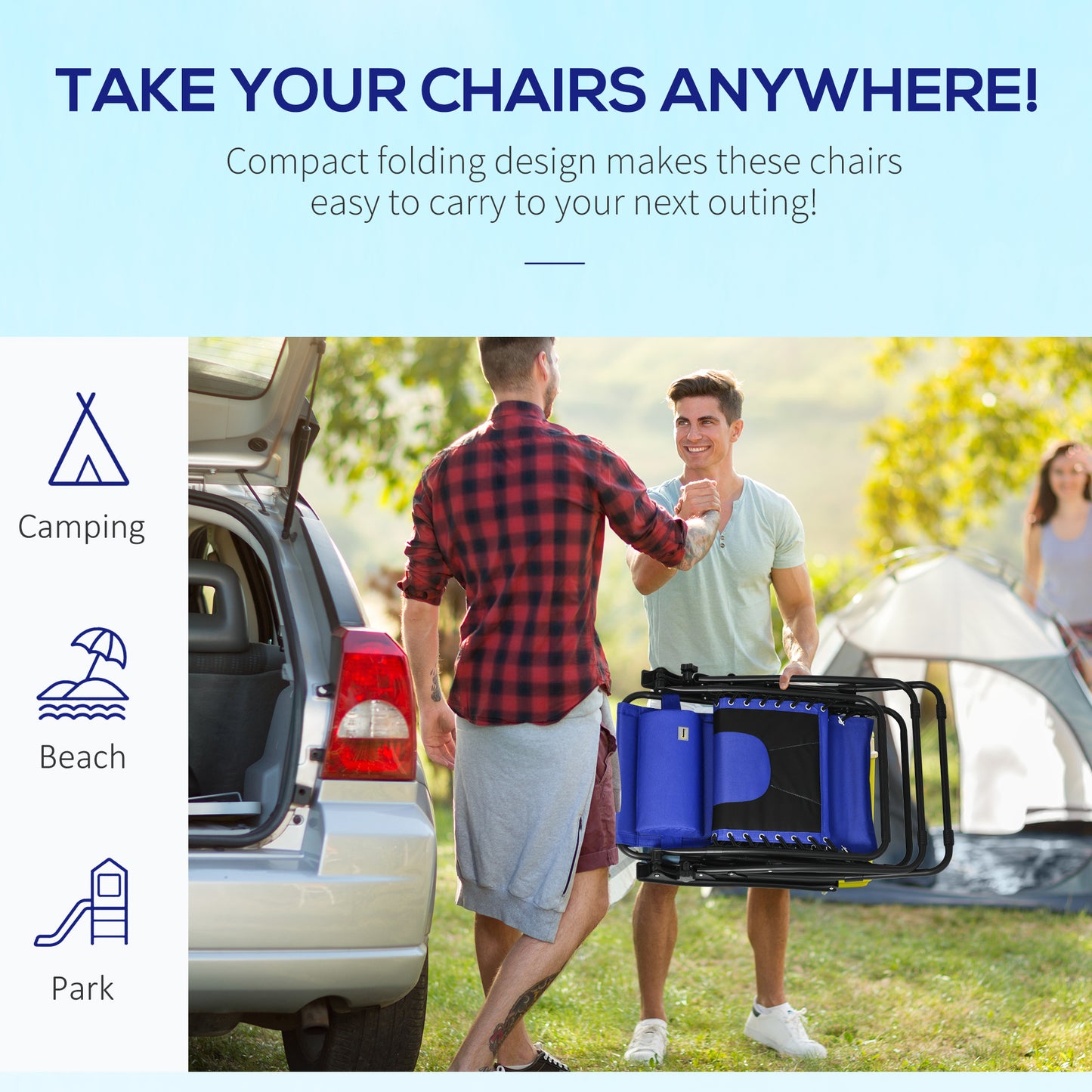 Outsunny Foldable Reclining Garden Chairs, Set of 2, Zero Gravity, Padded Seat, Cup Holder, Blue