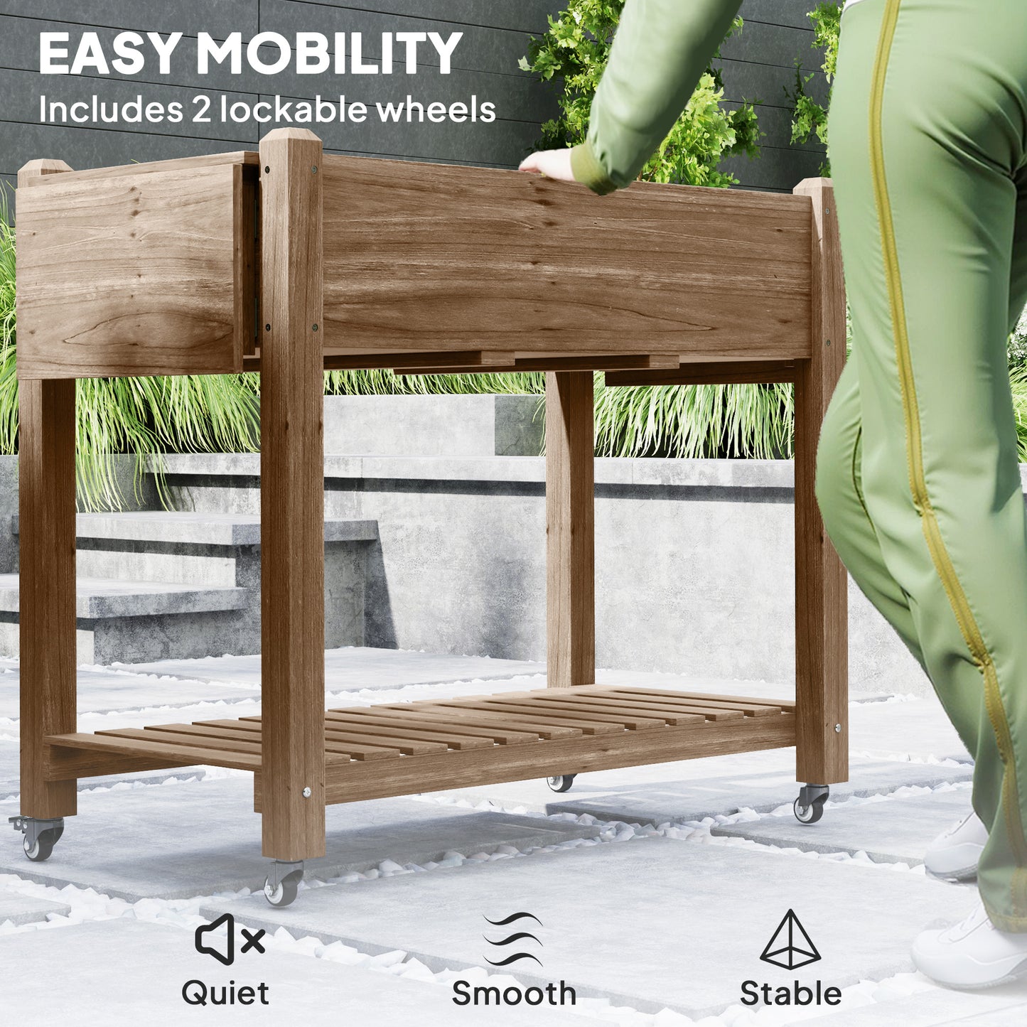 Outsunny Raised Garden Bed, Wooden Planter Box with Wheels, Side Tables & Bottom Shelf, Carbonised