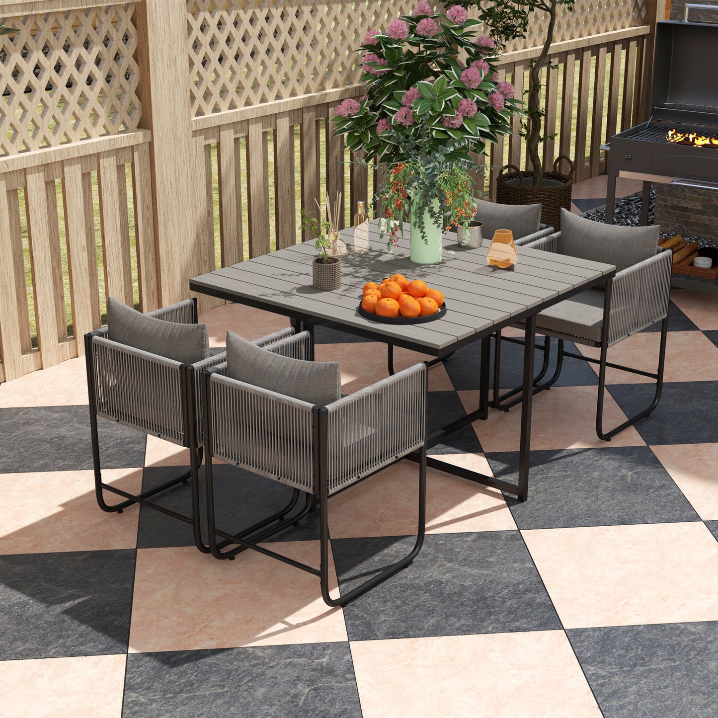 Outsunny 4 Seater Rattan Cube Dining Set with Cushions, Outdoor Table and Chairs, Wood Grain Top for Patio, Balcony, Grey