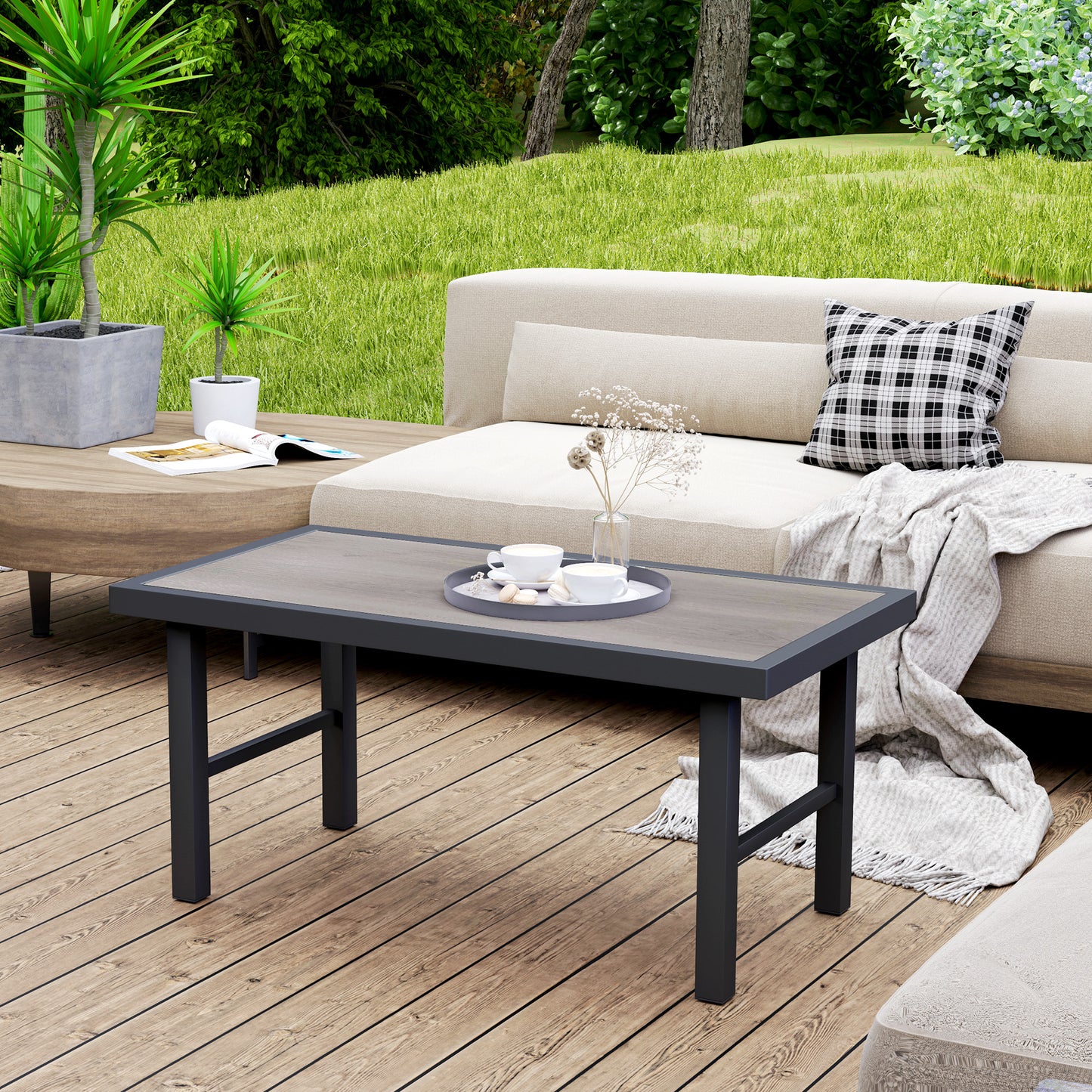 Outsunny Metal Garden Coffee Table, Outdoor Side Table with SPC Woodgrain Tabletop, 100 x 53 x 46cm, Grey Wood Effect