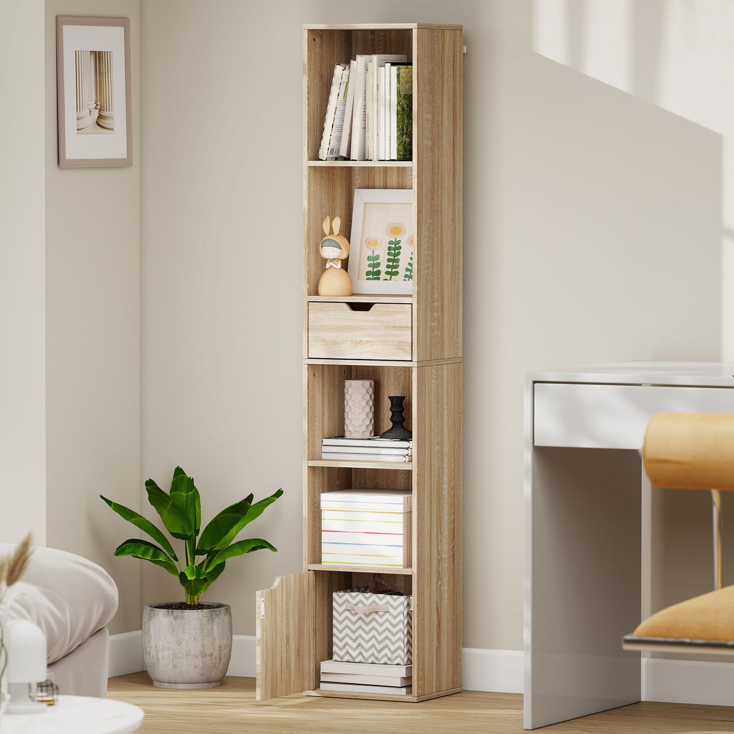 HOMCOM 6-Tier Bookcase, Tall Narrow Bookshelf with Drawer and Door - Natural Wood Finish