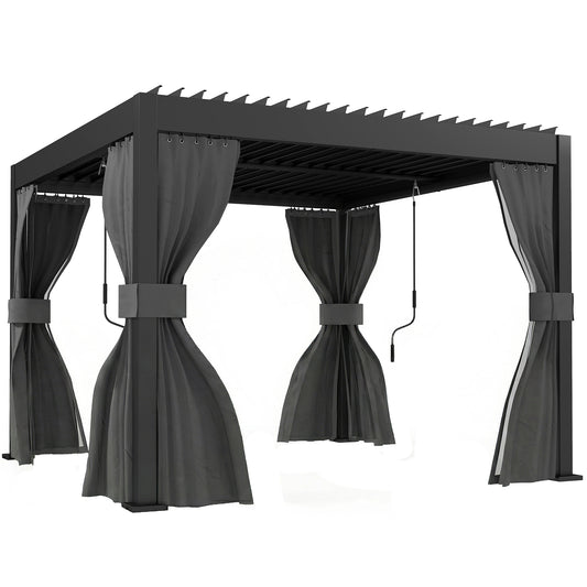 Outsunny 3 x 3 m Louvered Pergola with Adjustable Metal Louvred Roof, Aluminium Patio Gazebo with Netting and Curtains, Dark Grey
