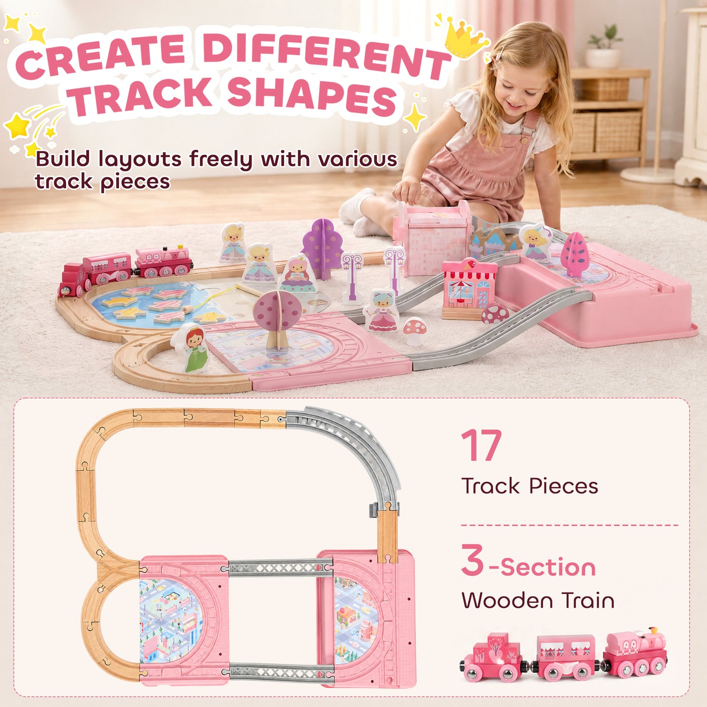 AIYAPLAY Wooden Train Set, 58PCS Train Track Set with 17 Track Pieces, 5 Princess Figures and Accessories