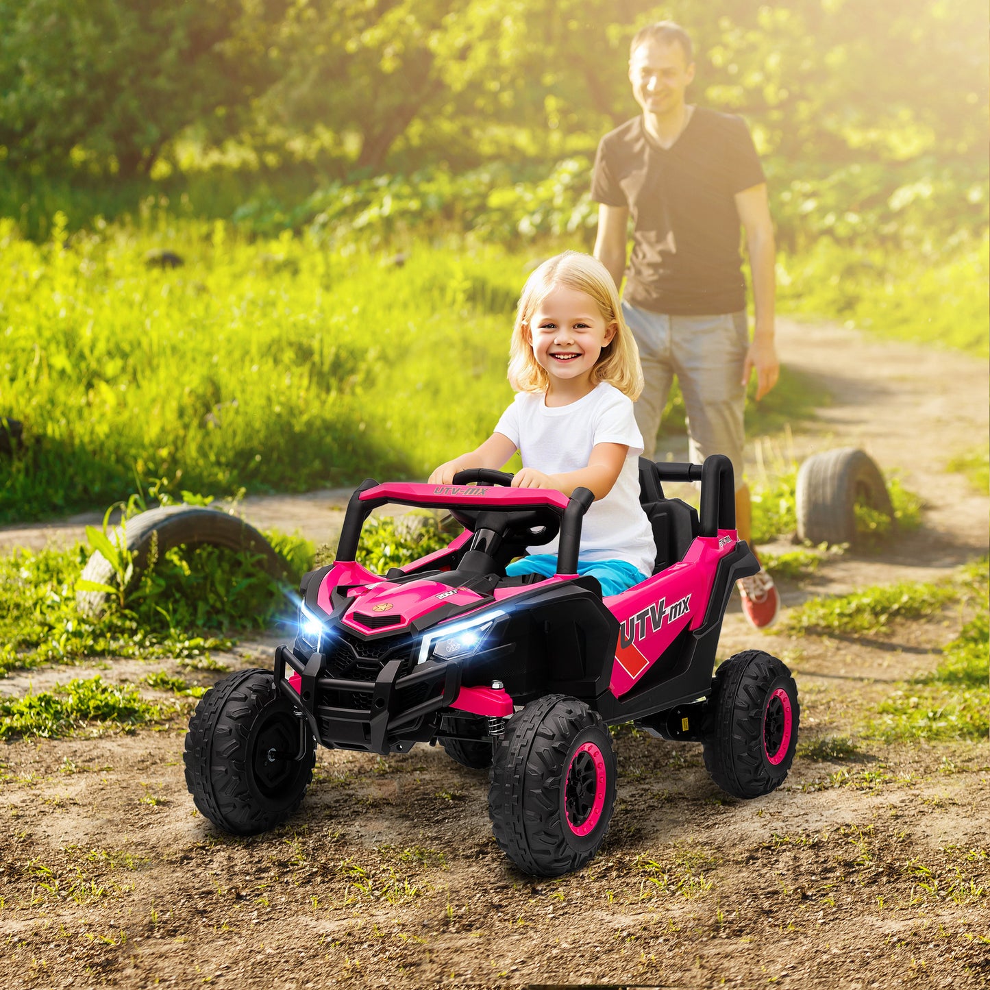 AIYAPLAY 12V Kids Ride On Car with Remote Control, Kids Electric Car with Suspension System, Music, for Kids 3-5 Years, Pink