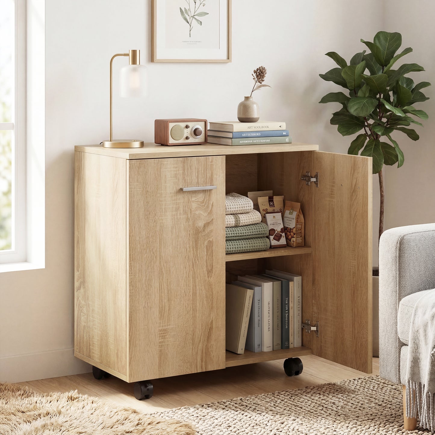 HOMCOM Mobile Sideboard Cabinet with 2 Doors and Internal Shelves for Living Room, Bedroom, 60L x 35W x 65H cm, Natural Wood