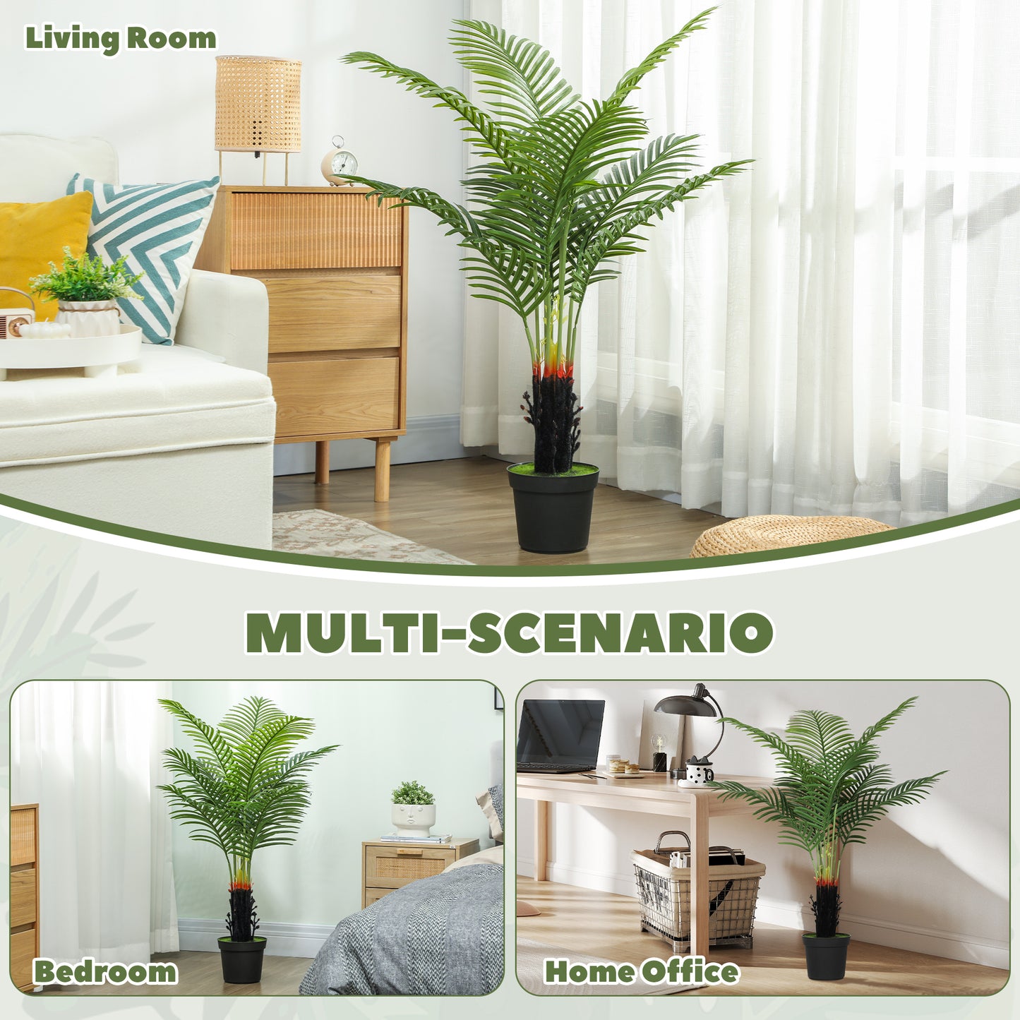 HOMCOM 120cm Artificial Areca Palm Tree with 9 PE Leaves, Plastic Pot, and Flocked Soil for Home Office Decor, Green