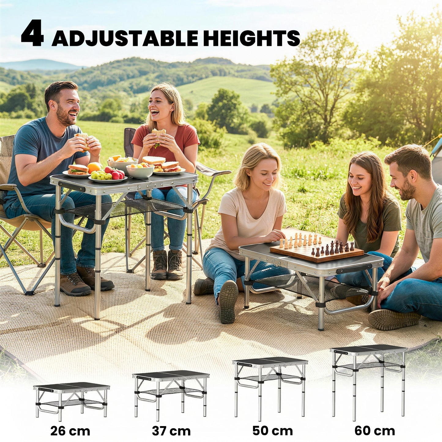 Outsunny 2ft Folding Camping Table, Picnic Table with Mesh Storage Layer, 4 Adjustable Heights and Carrying Handle