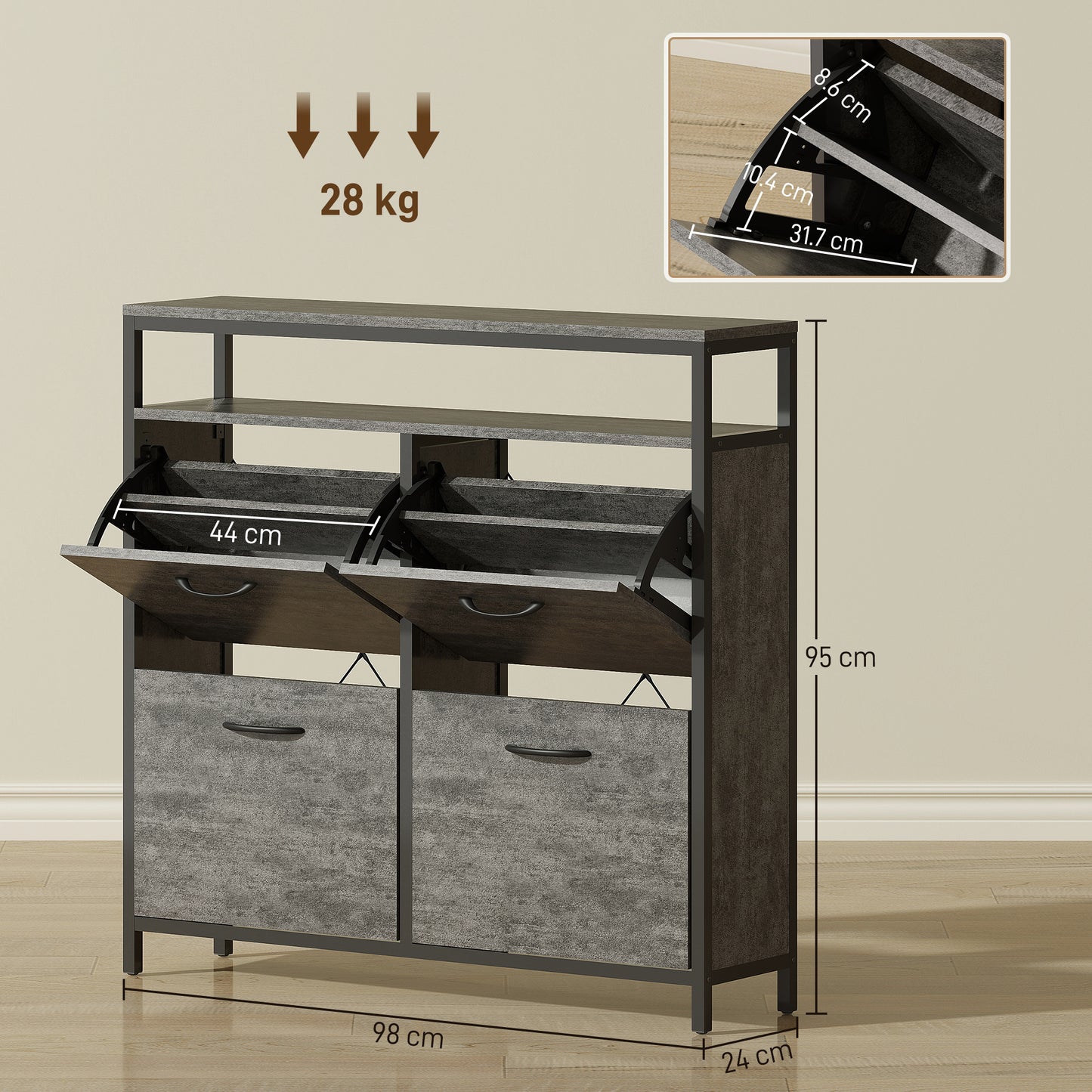 HOMCOM Shoe Storage Cabinet with 4 Flip Drawers and Open Shelf - Cement Grey