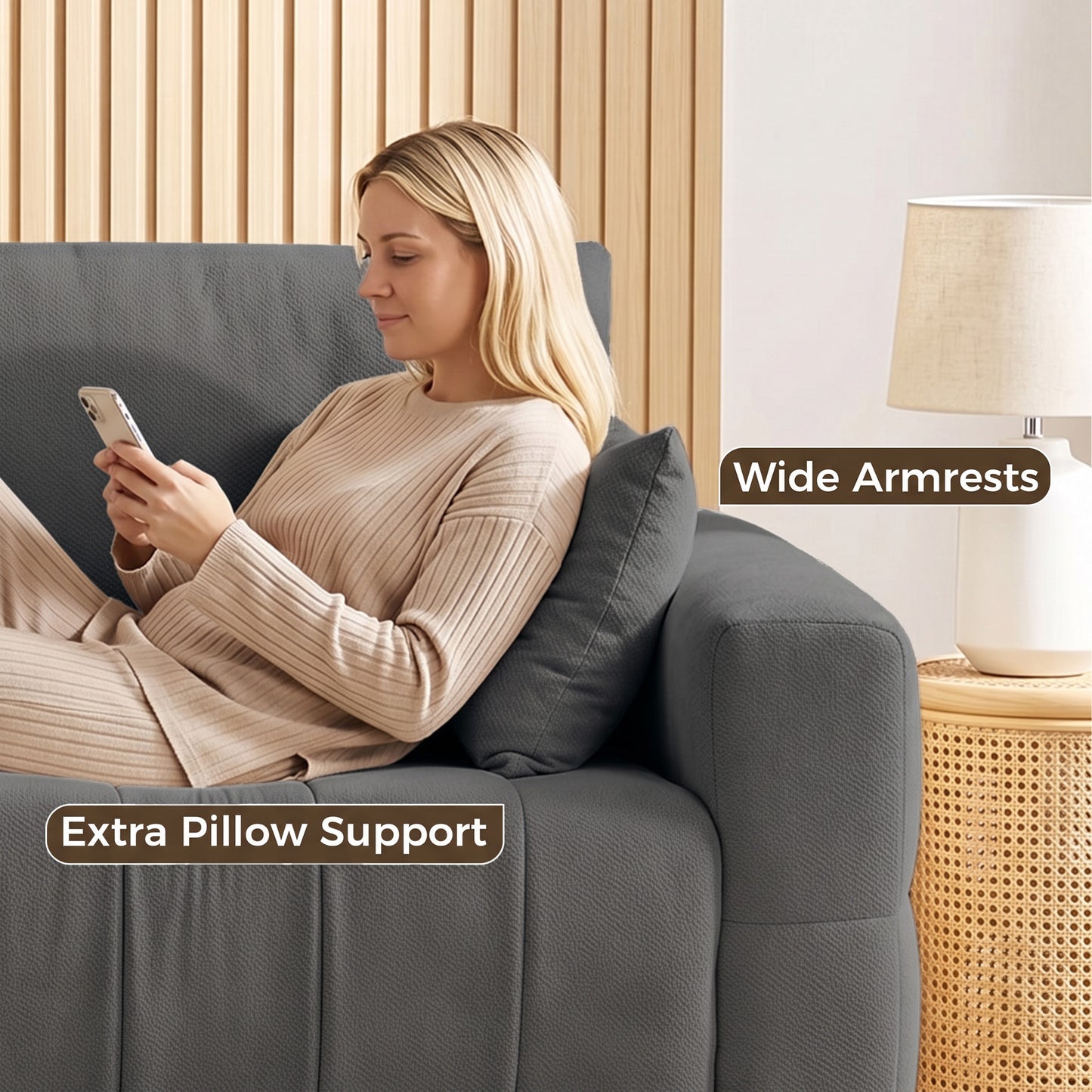HOMCOM 3 Seater Sofa, Upholstered Velvet Couch for Bedroom with Pillows, Padded Cushion and Wood Legs, Grey