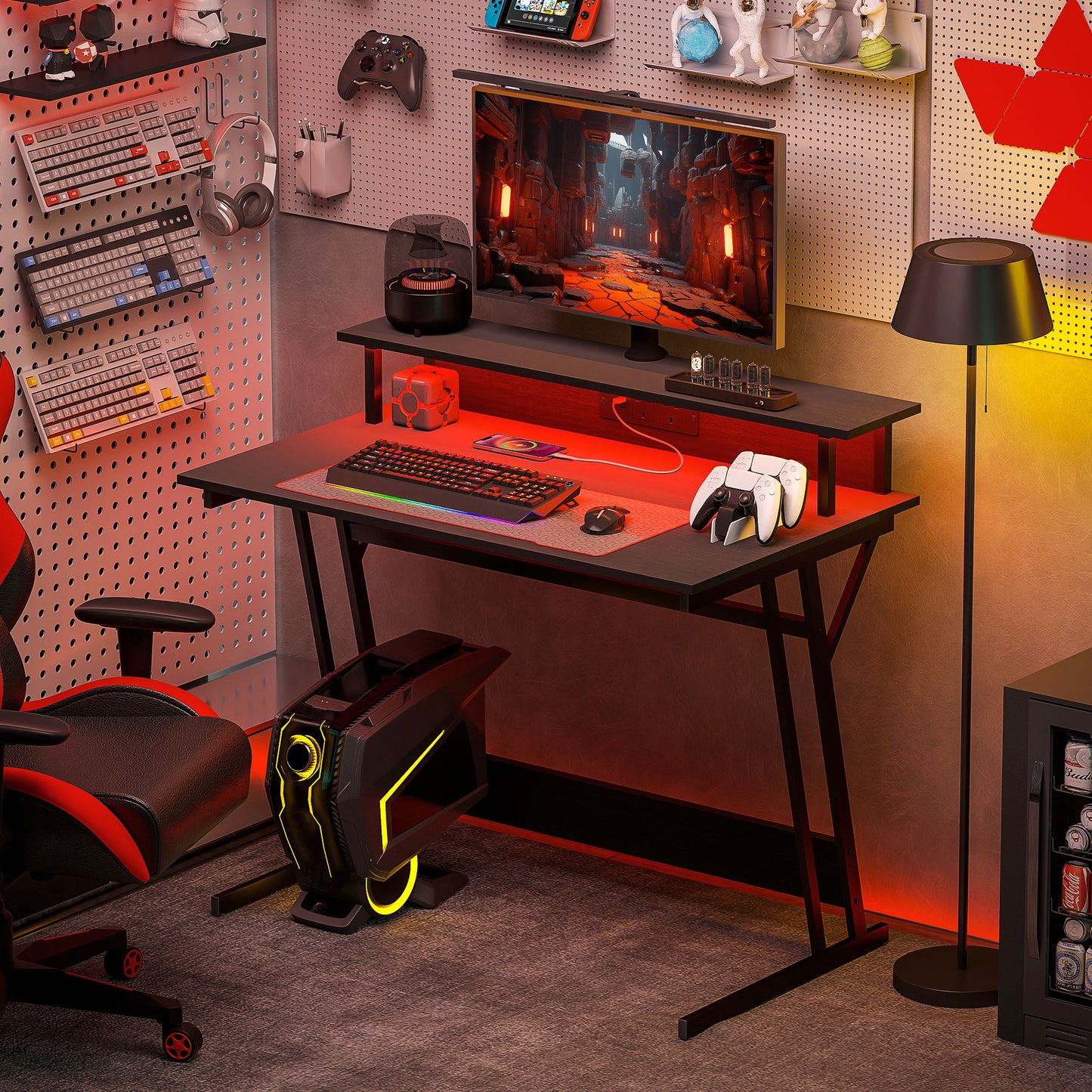 HOMCOM Gaming Desk with LED Lights, Z-Shaped Frame, Monitor Stand, Power Outlets, Black