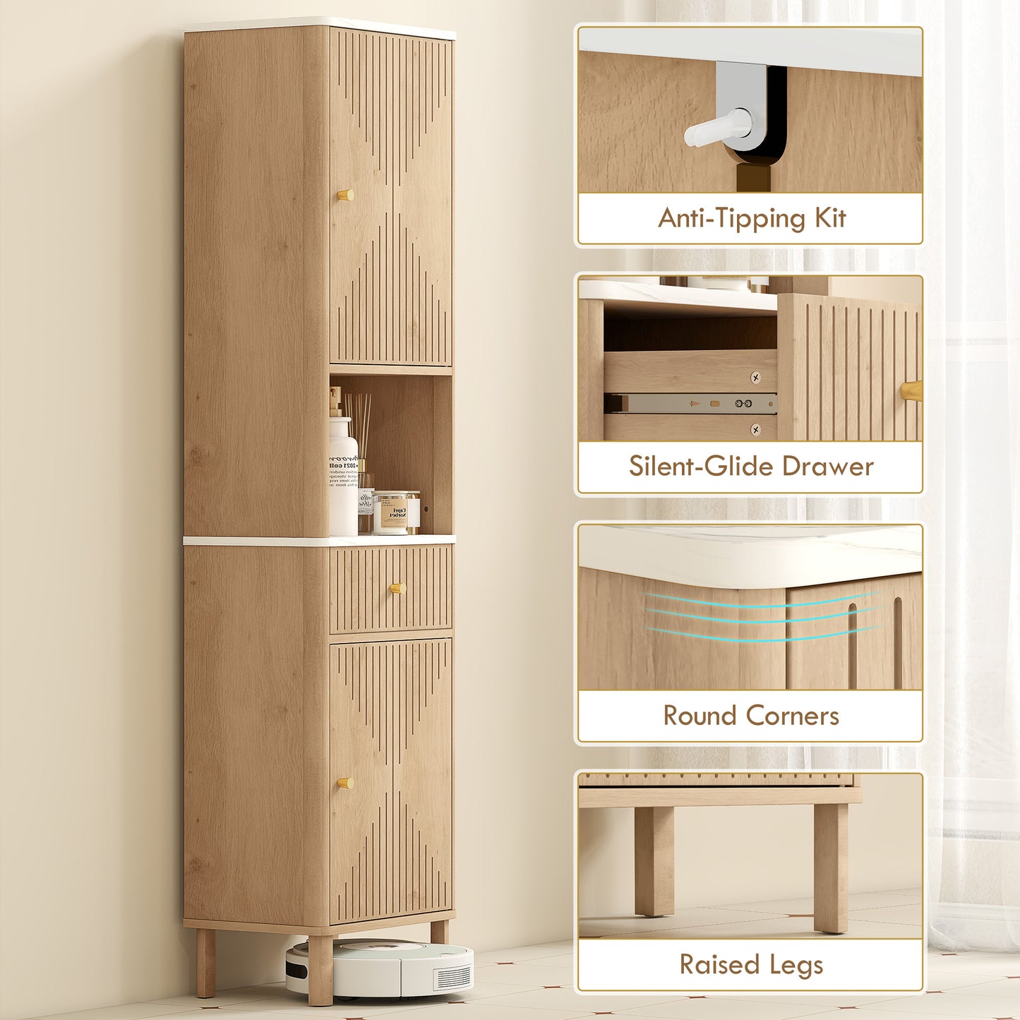 HOMCOM Multi-Storage Groove Door Bathroom Cabinet - Oak