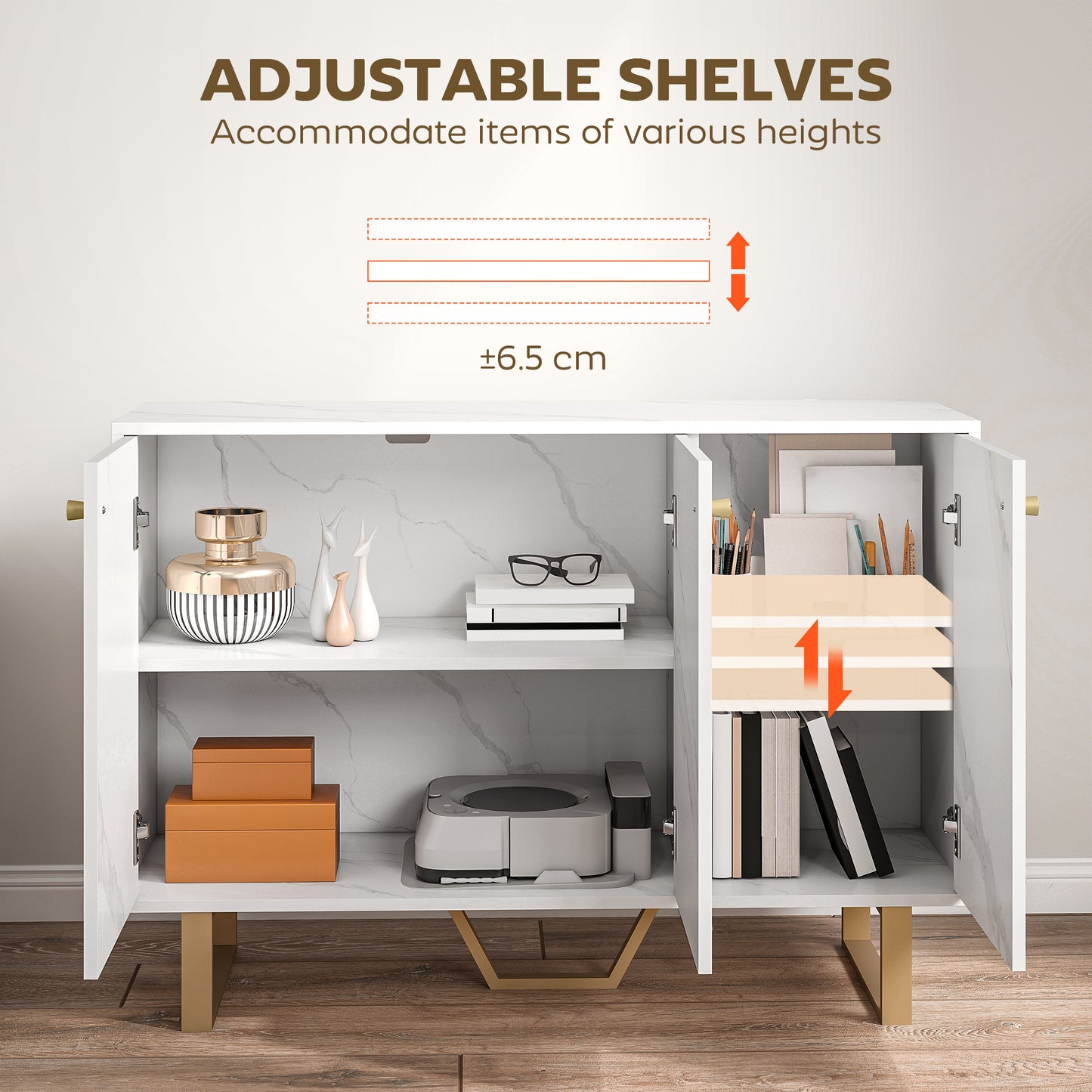 HOMCOM Sideboard Storage Cabinet, Modern Cupboard with Adjustable Shelves & Metal Legs for Living Room, Kitchen, Dining, Entryway, White Marble Tone