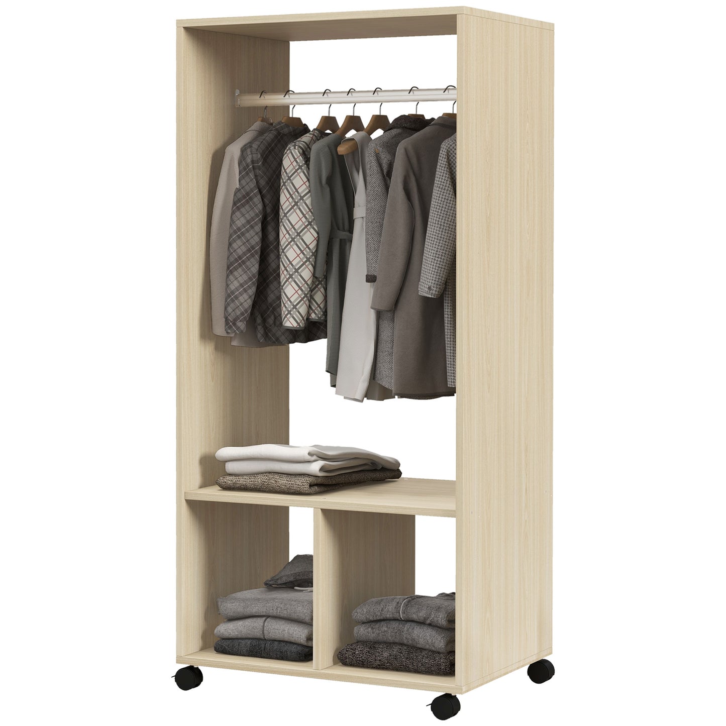 HOMCOM Wardrobe with shelf, 2 compartments and hanging rail, 4 swivel casters dim. 60L x 40W x 128H cm natural wood