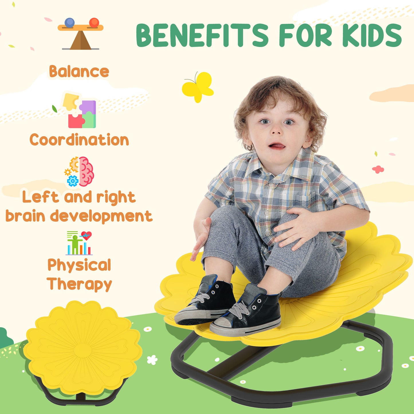 AIYAPLAY Flower-Shaped Sensory Spinning Chair with Non-Slip Base for Balance/Coordination, Yellow