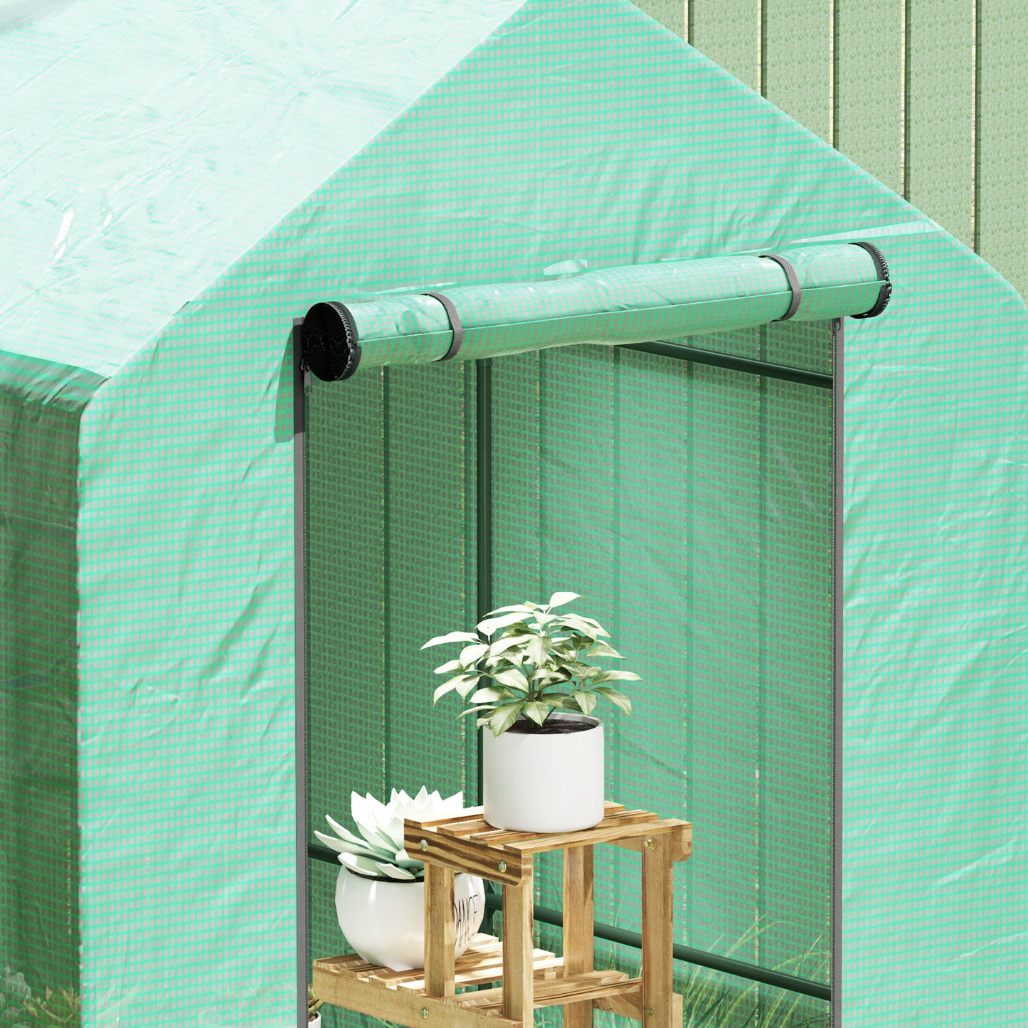 Outsunny Walk-in Greenhouse, 2 Tier 4 Shelves, Reinforced PE Cover, Roll-up Door, 120x186x190 cm, Green