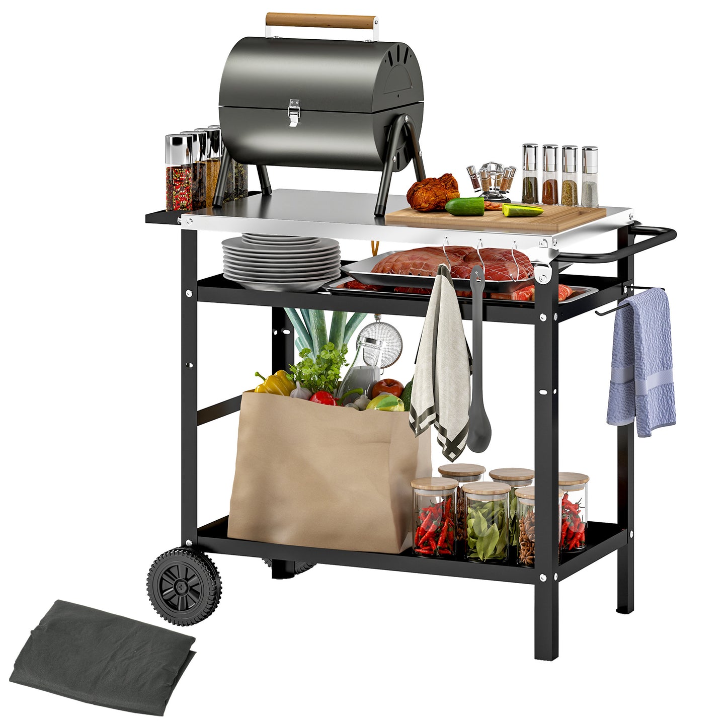 Outsunny BBQ Trolley, Stainless Steel Top, Adjustable Shelf, Hooks, Tray, Towel Rack, Pizza Oven Table, Movable Grill Cart with Cover, Black