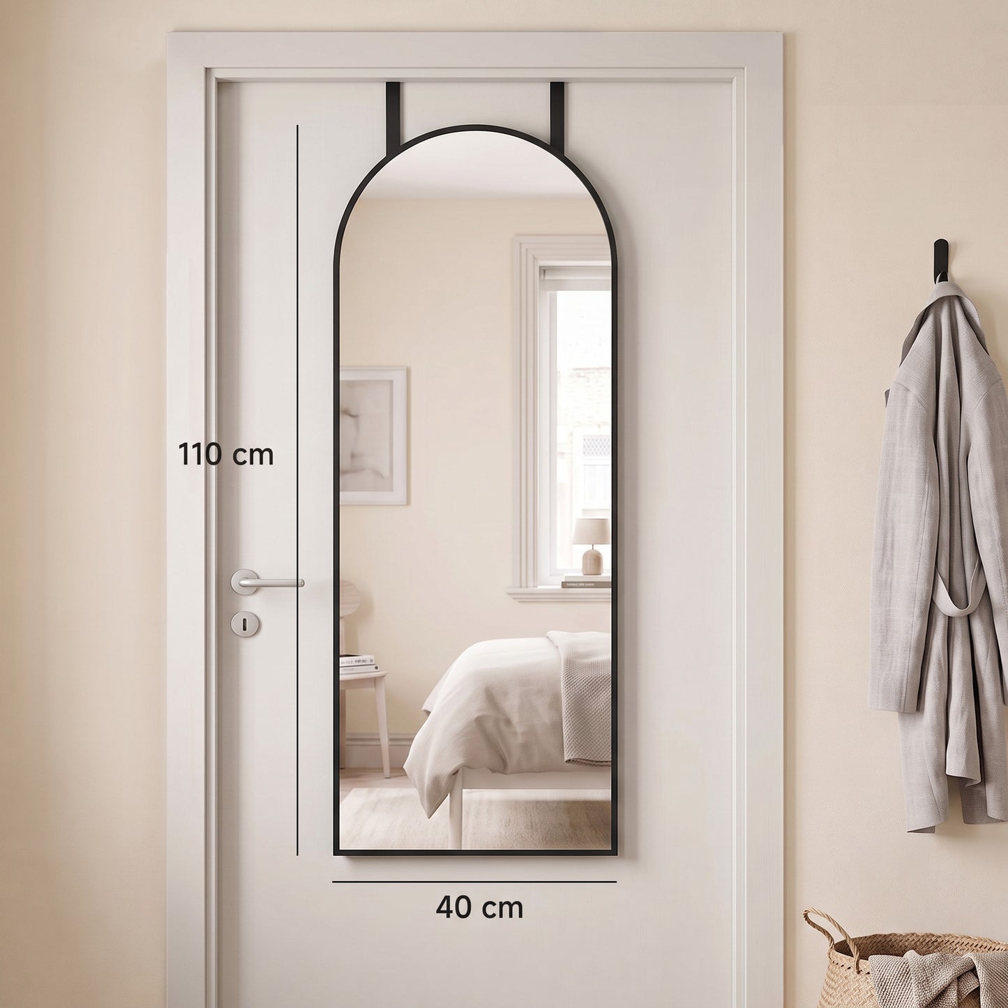 HOMCOM 40 x 110 cm Full Length Hanging Mirror, Arched Mirror with Adjustable Hooks, Over-the-Door or Wall-Mounted, Black
