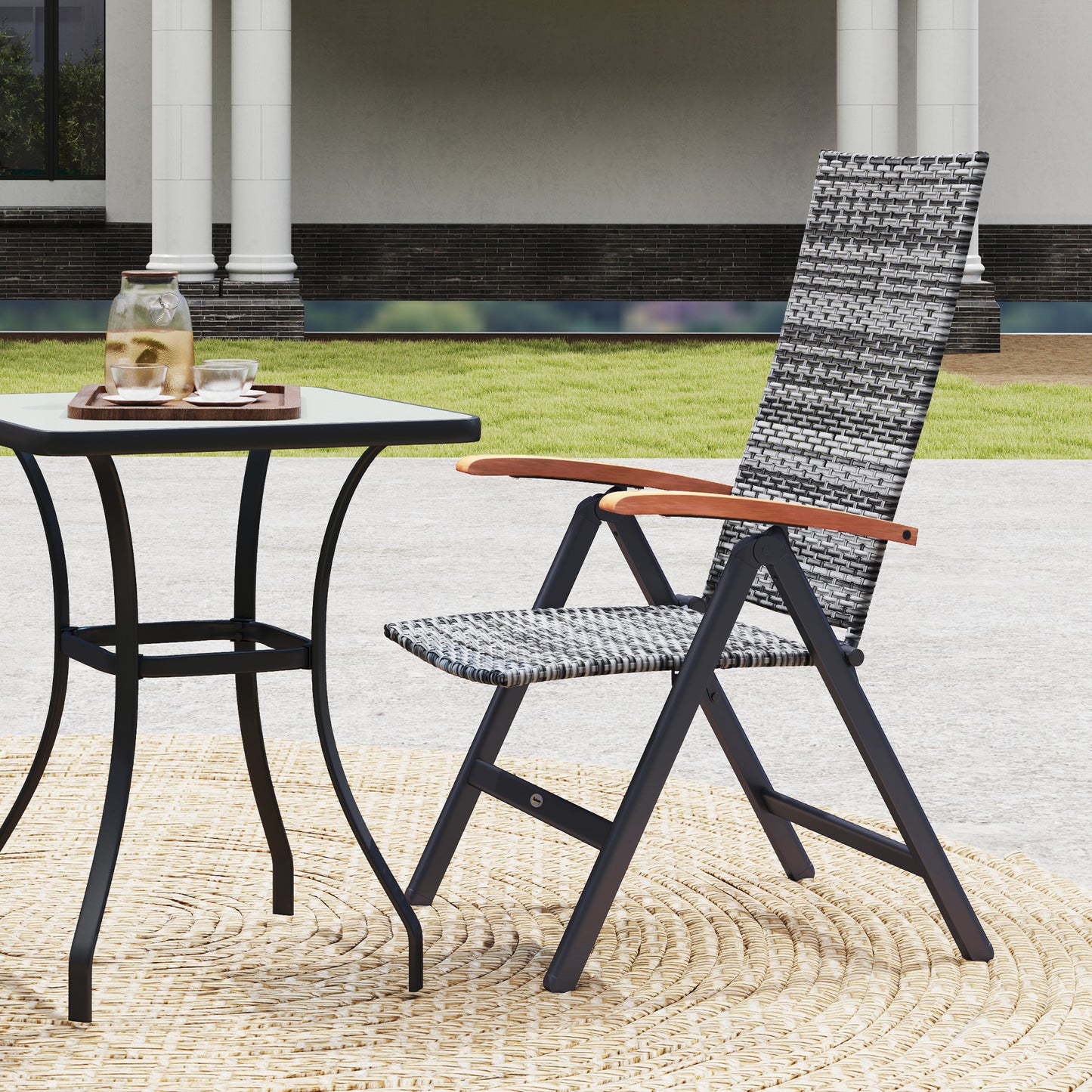 Outsunny Outdoor Foldable Dining Chair with Armrests, High Backrest, for Garden, Camping, Balcony, Porch, Light Grey