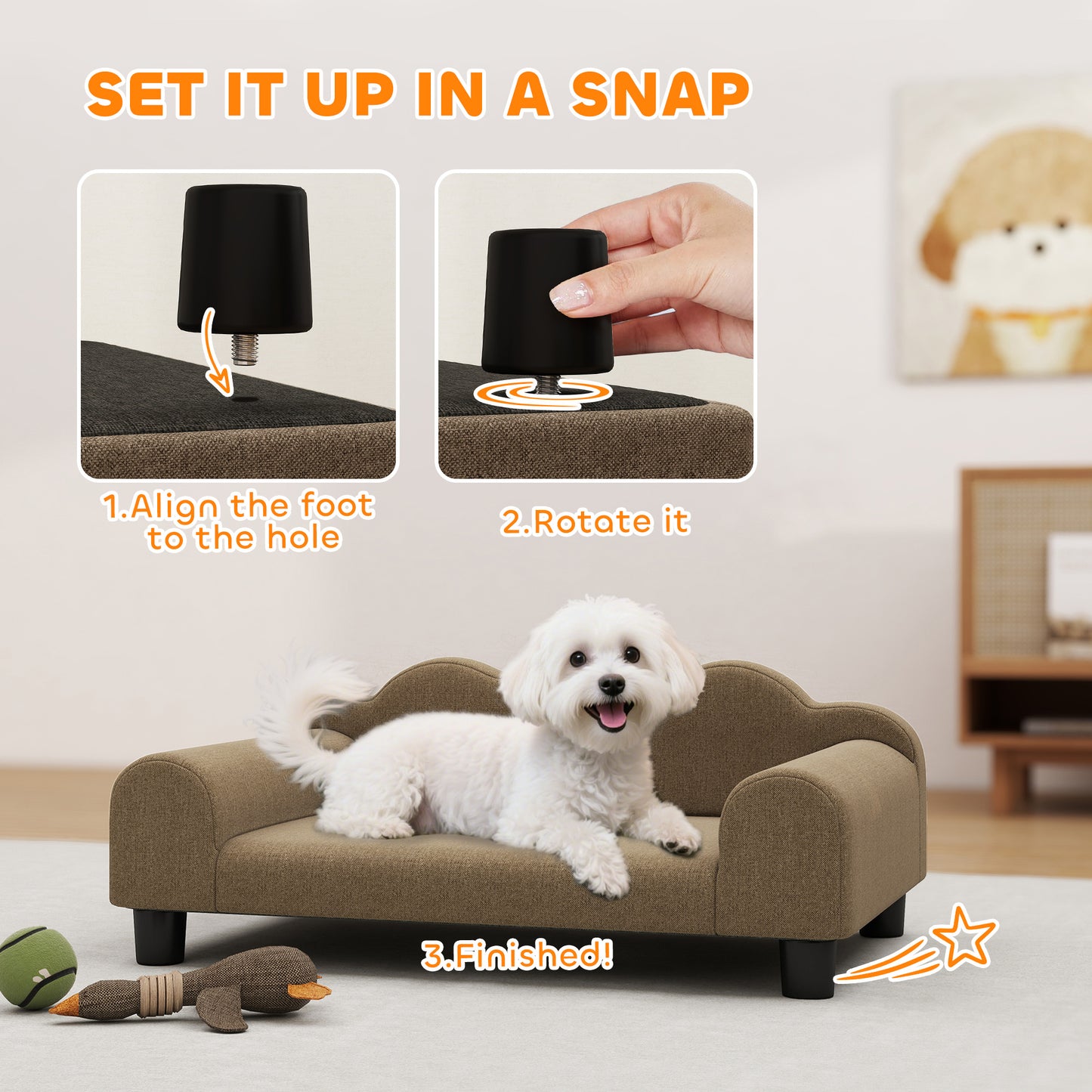 PawHut Elevated Dog Sofa Bed, Breathable Pet Sofa with Backrest and Armrest for Small Dogs, Brown