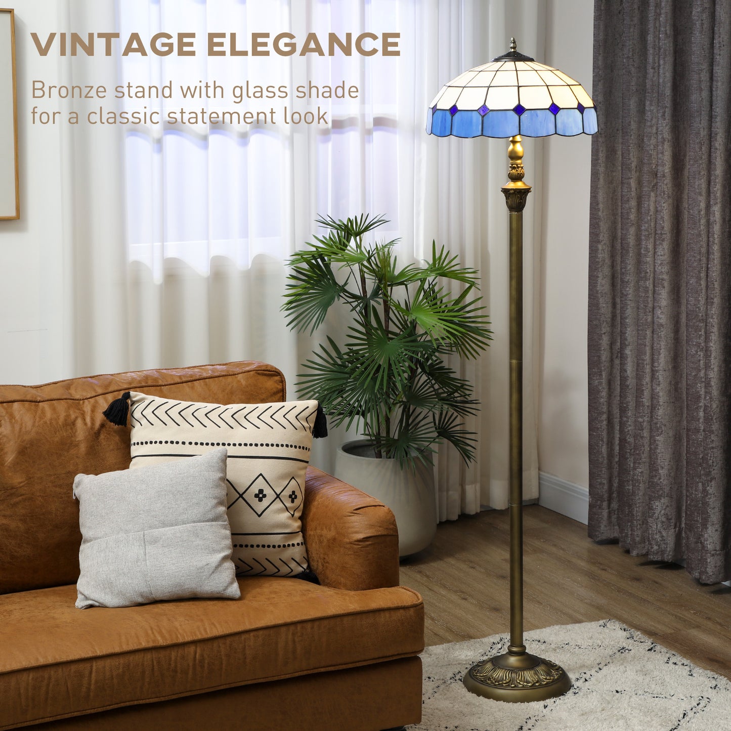 HOMCOM Tiffany-Style Floor Lamp, 152cm Vintage Standing Lamp with Stained Glass Shade & Foot Switch, Dual Sockets, Bronze Tone and Blue