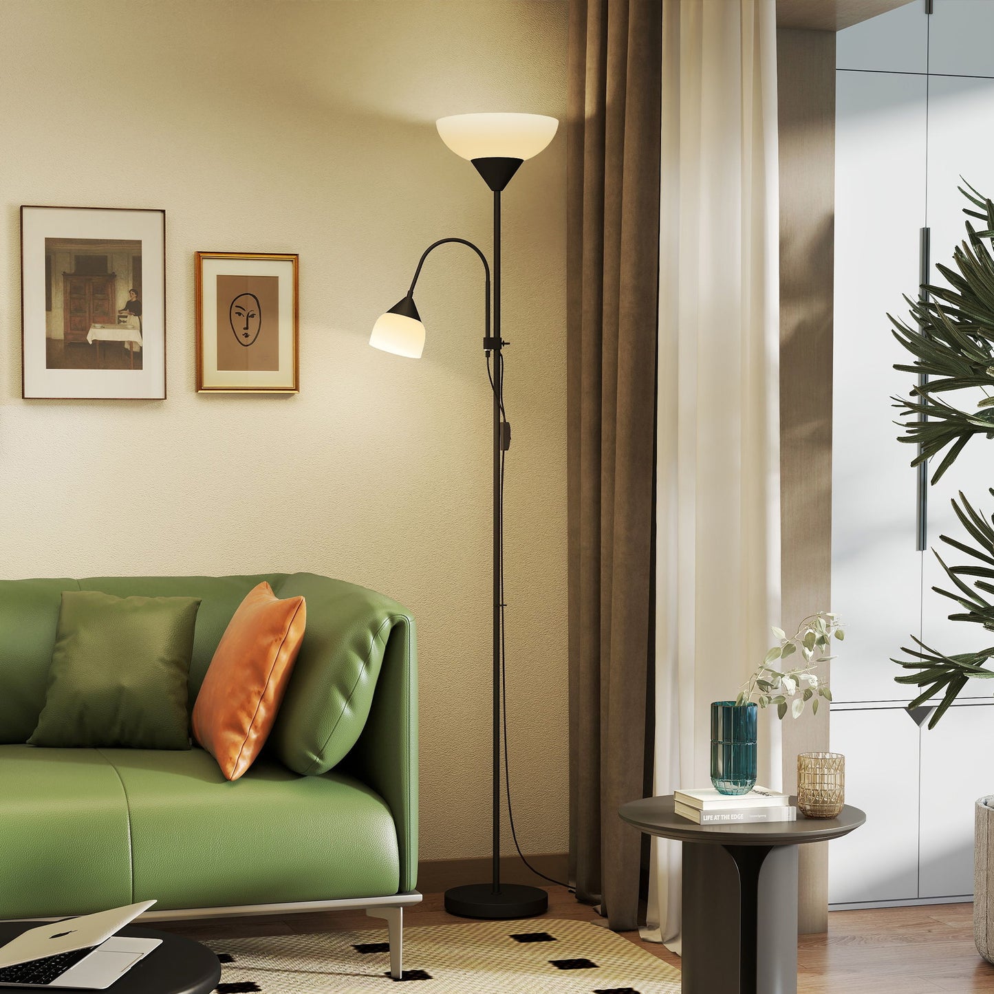 HOMCOM LED Floor Lamp, 180cm Tall Standing with Mother and Child Uplighter, Adjustable Gooseneck, 3 Colour Temps, Black