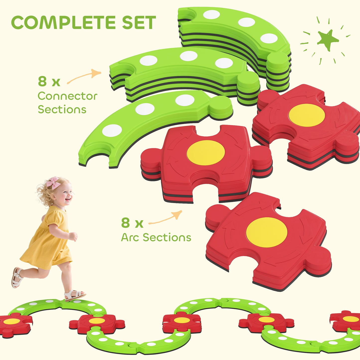AIYAPLAY 13 PCS Kids Balance Beam Stepping Stones Set with Non-slip Textured Surface, Outdoor Indoor for Toddlers, Green