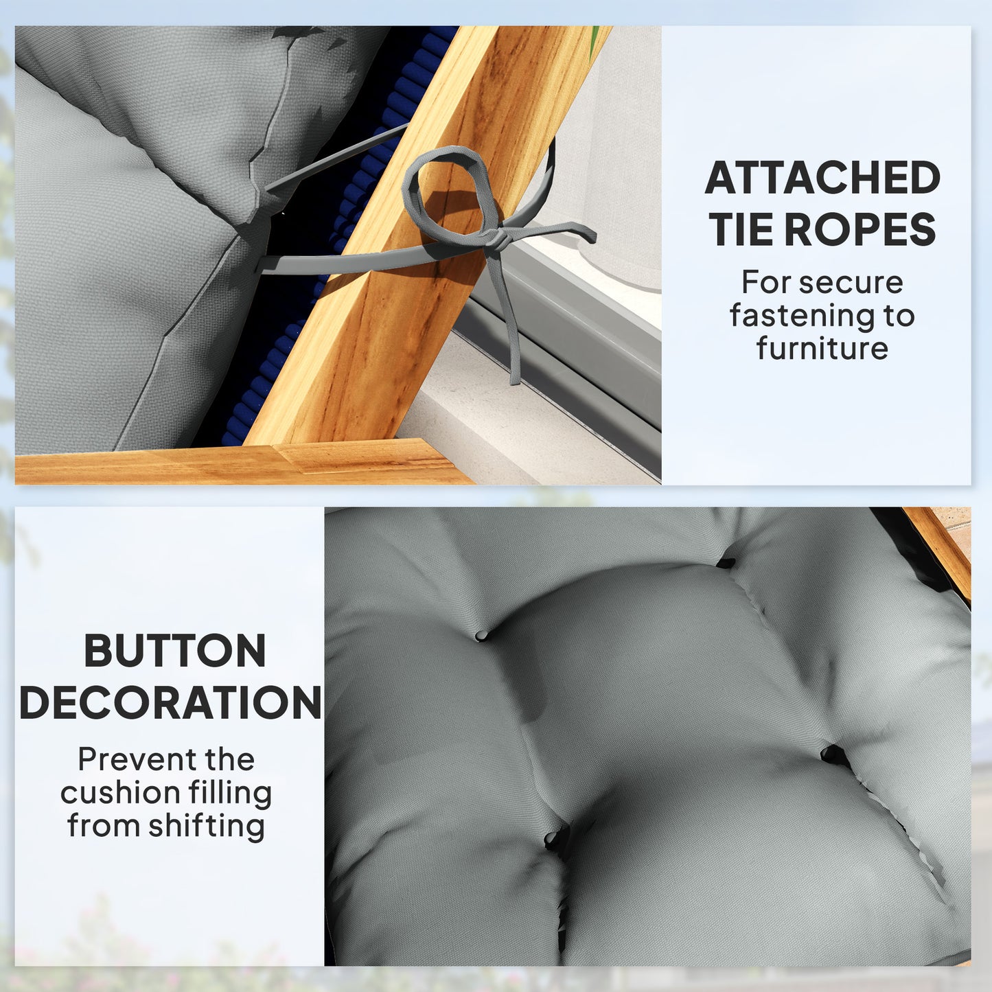 Outsunny Tufted Adirondack Chair Cushion, Thick Pad with Backrest & Ties, Light Grey