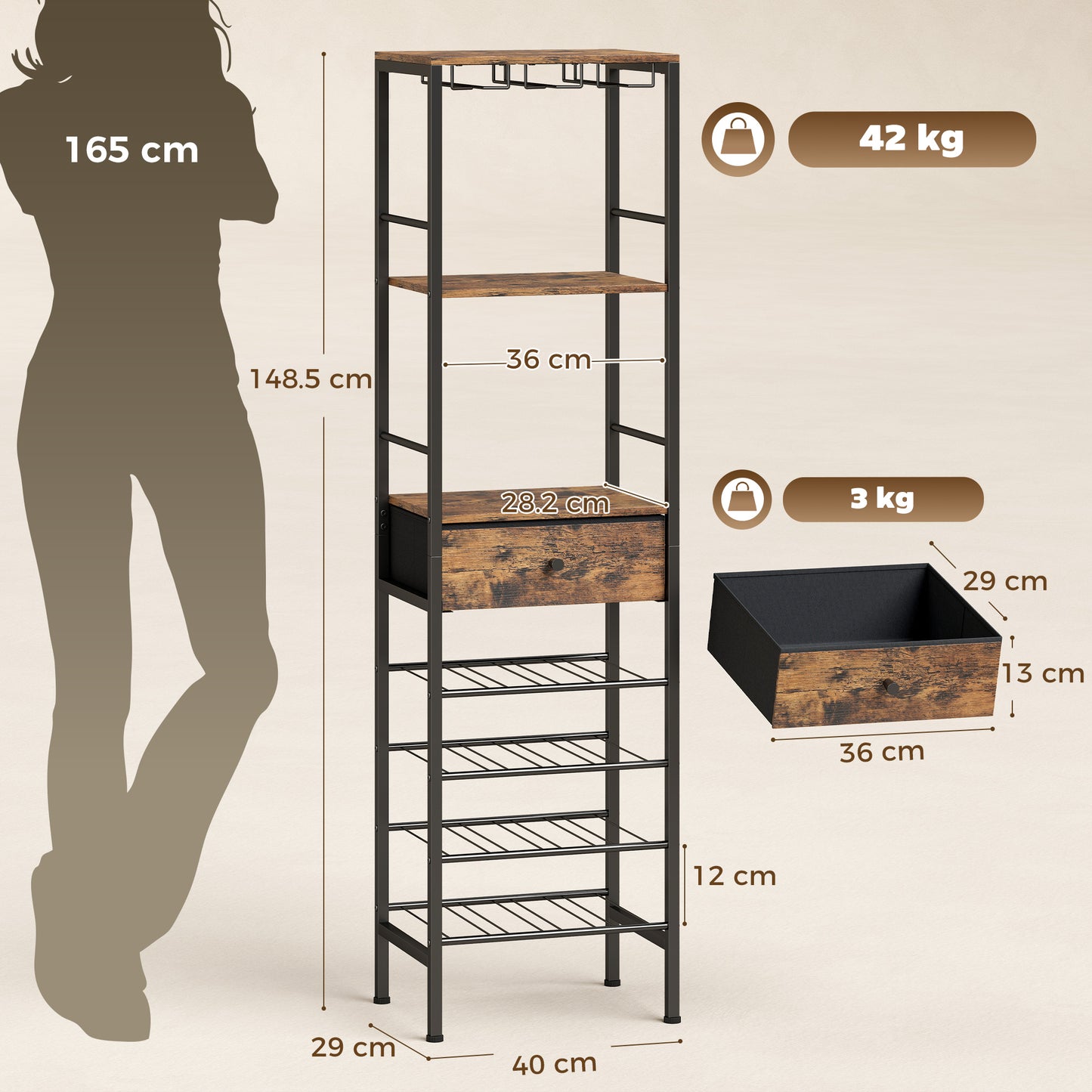 HOMCOM Industrial Wine Bar Cabinet Freestanding Liquor Cabinet 16-Bottle Wine Rack Glass Holder Rustic Brown