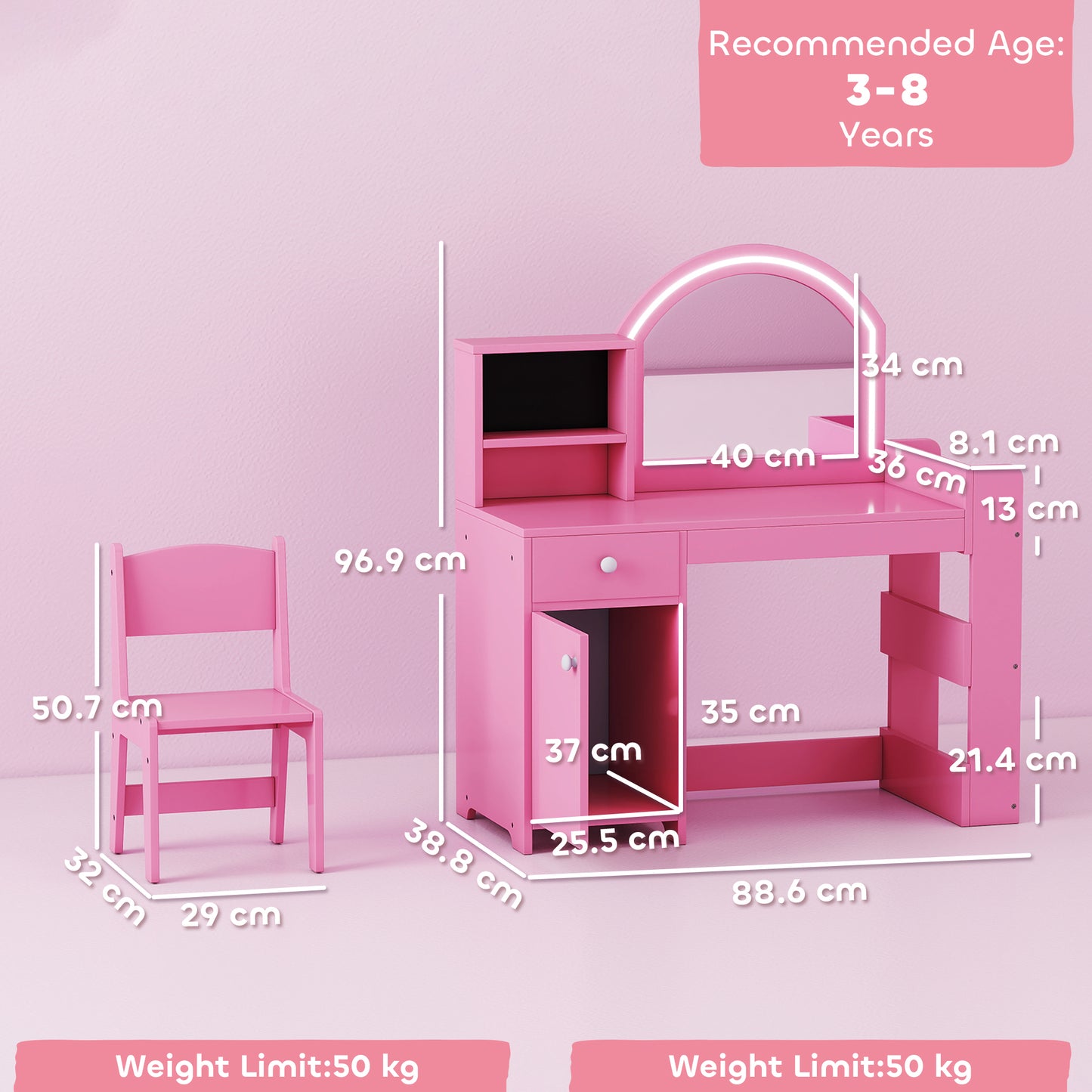 AIYAPLAY Kids Vanity Table and Chair Set, Girls Dressing Table with 2-Colour LED Mirror, Stool, Cabinet, Drawer, Shelves, Pink