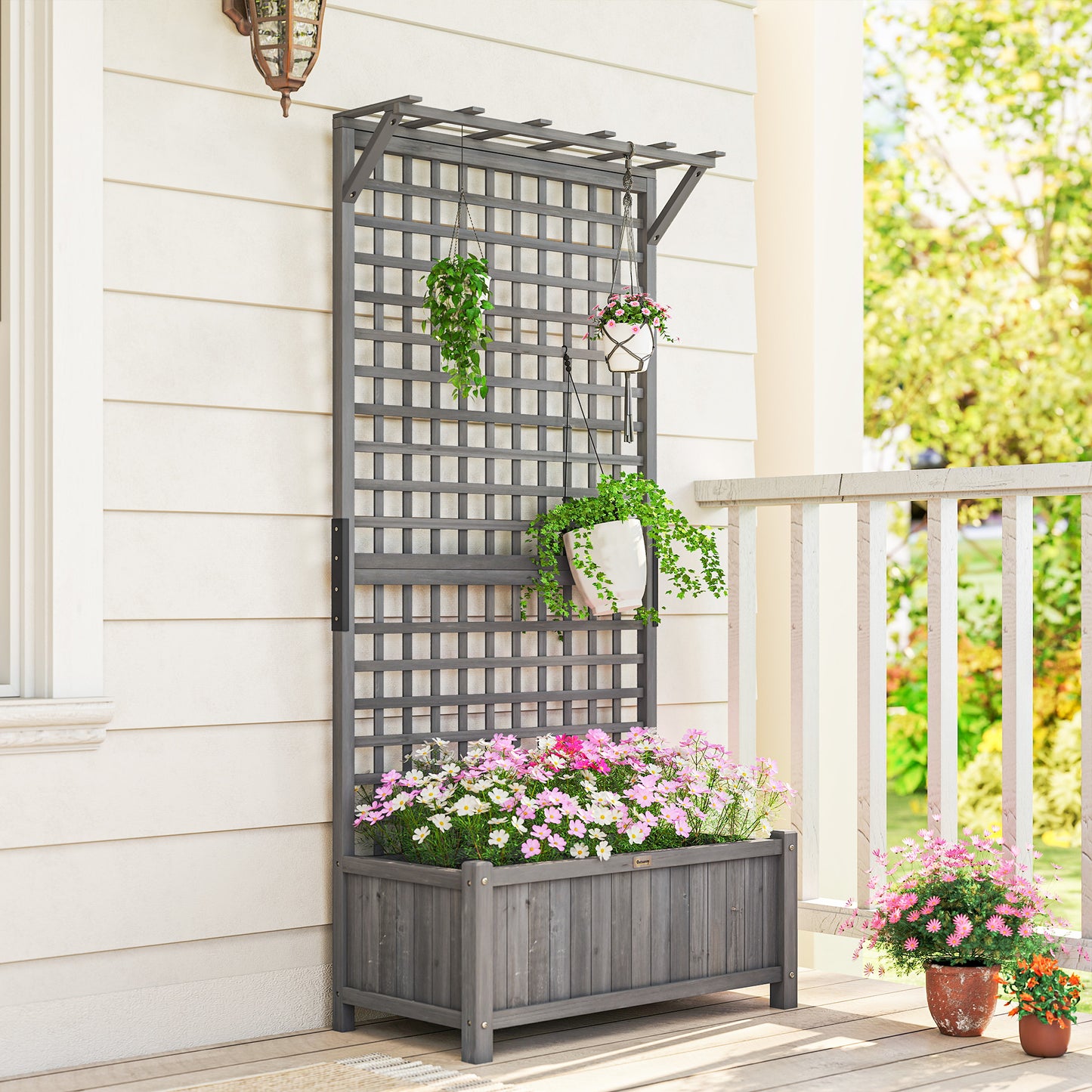 Outsunny Raised Bed with Drainage Holes, Wood Planter with Trellis for Climbing Plants to Grow Vegetables, Flowers, Dark Grey
