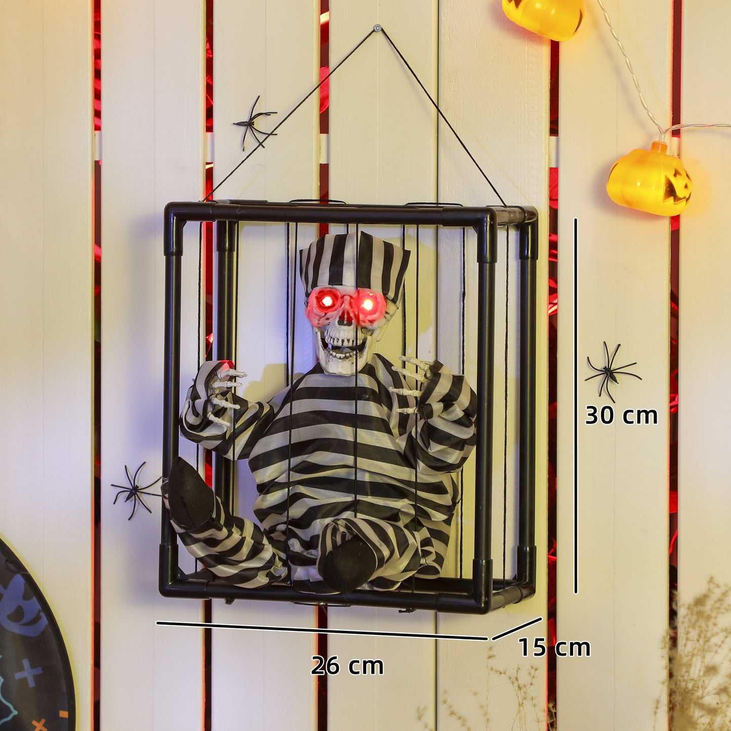 Outsunny Halloween Animated Skeleton Prisoner with LED Eyes, Scary Halloween Decor, Battery Operated Indoor Party Prop, in Cage - Spooky Skeleton