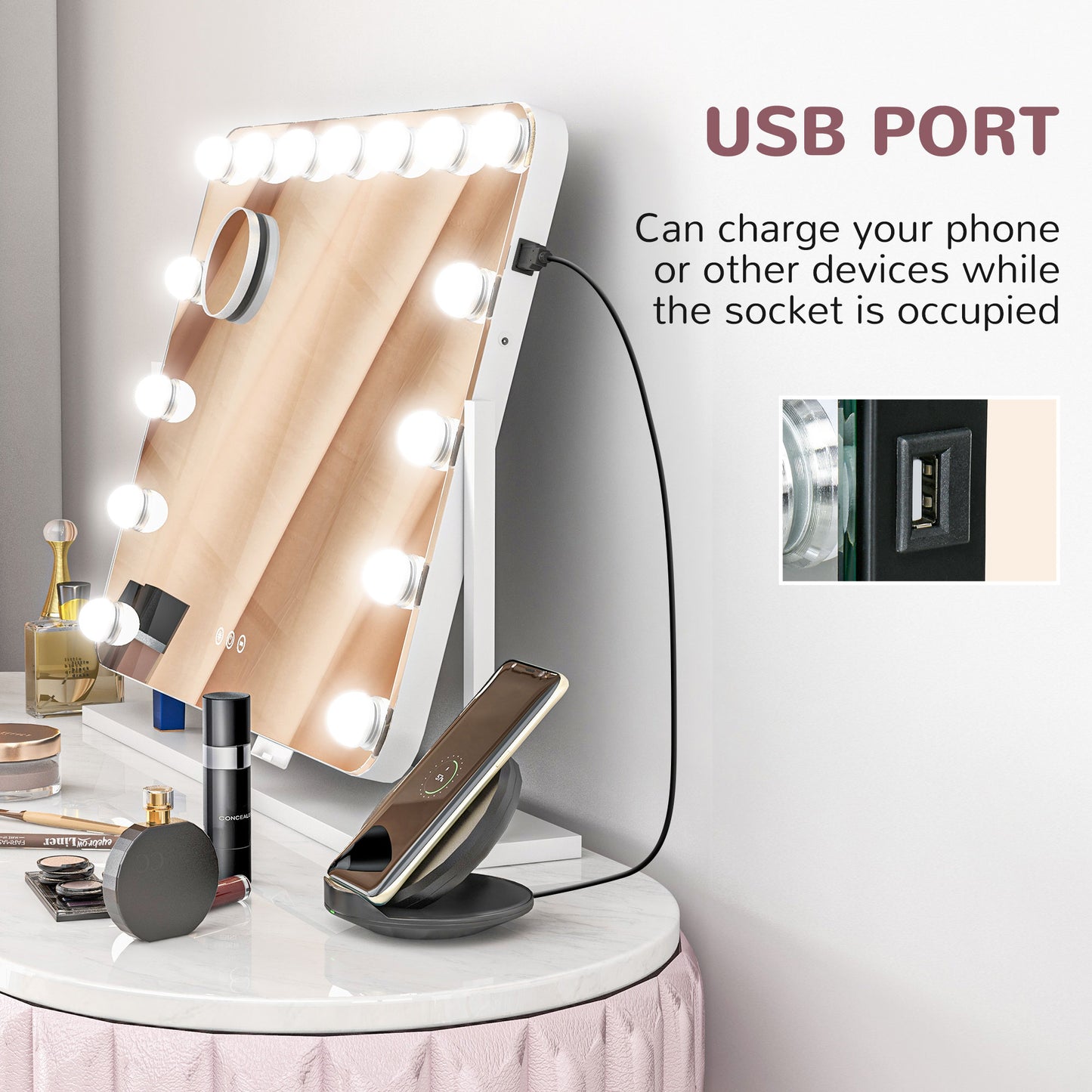 HOMCOM 63x50cm Hollywood Vanity Mirror, 14 LED Bulbs, 3 Colours, USB Port, Touch Screen