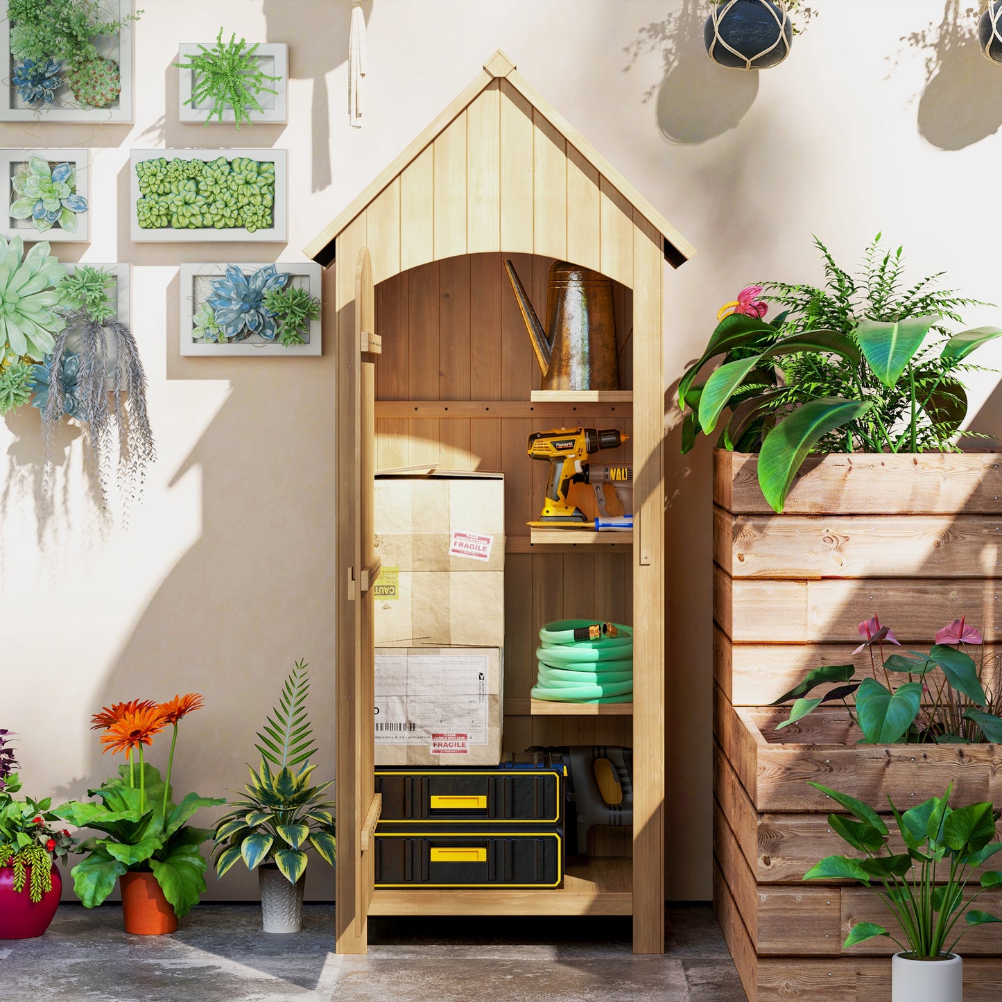 Outsunny Small Shed, Wooden Garden Storage with 3 Shelves, Outdoor Tool Cabinet with Tilt Roof & Lockable Door, 77.5x54.2x179.5 cm, Natural