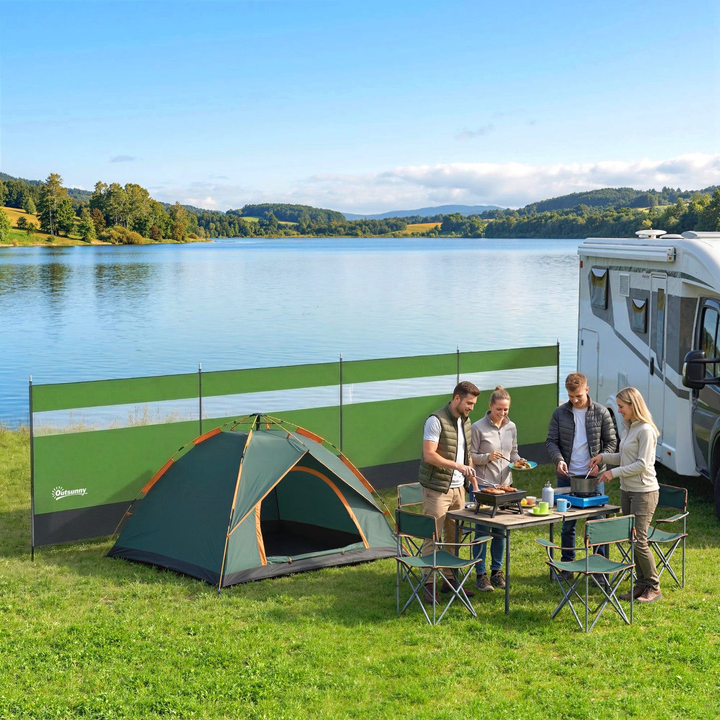 Outsunny Camping Windbreaker with Clear Windows, Carry Bag and Steel Poles, for Beach Caravan Campervan, 725 x 140cm, Army Green