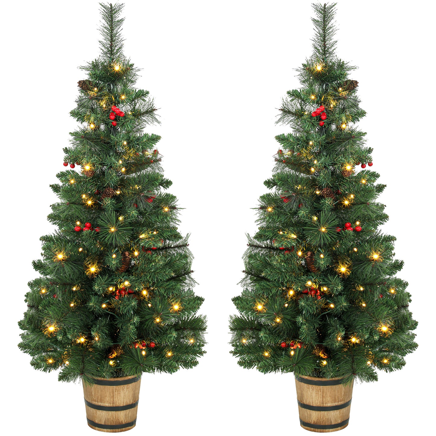 HOMCOM 2 PCs Prelit Christmas Trees with Dual-Colour LEDs, Berry, Pinecones, Battery-Operated, 11 Modes, Pot, Remote, 4ft