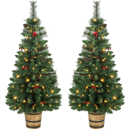 HOMCOM 2 PCs Prelit Christmas Trees with Dual-Colour LEDs, Berry, Pinecones, Battery-Operated, 11 Modes, Pot, Remote, 4ft