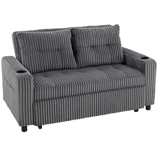 HOMCOM 2 Seater Click Clack Sofa Bed with Pull Out Design, Corduroy Upholstery - Charcoal Grey
