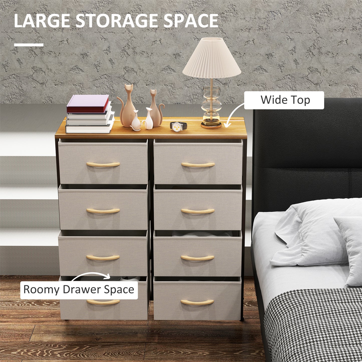 HOMCOM Fabric Chest of Drawers, Industrial Dresser with 8 Fabric Drawers, Steel Frame & Wooden Top for Nursery, Living Room, Hallway, Cream White.