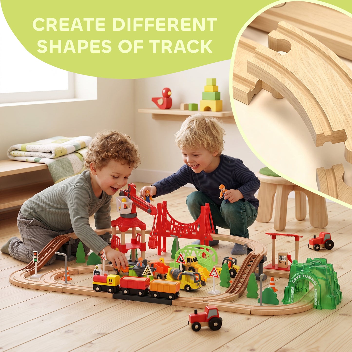 AIYAPLAY 91-Piece Wooden Train Set, Toy Train with Magnetic Crane, Sound Effects Track, for Kids Ages 3+