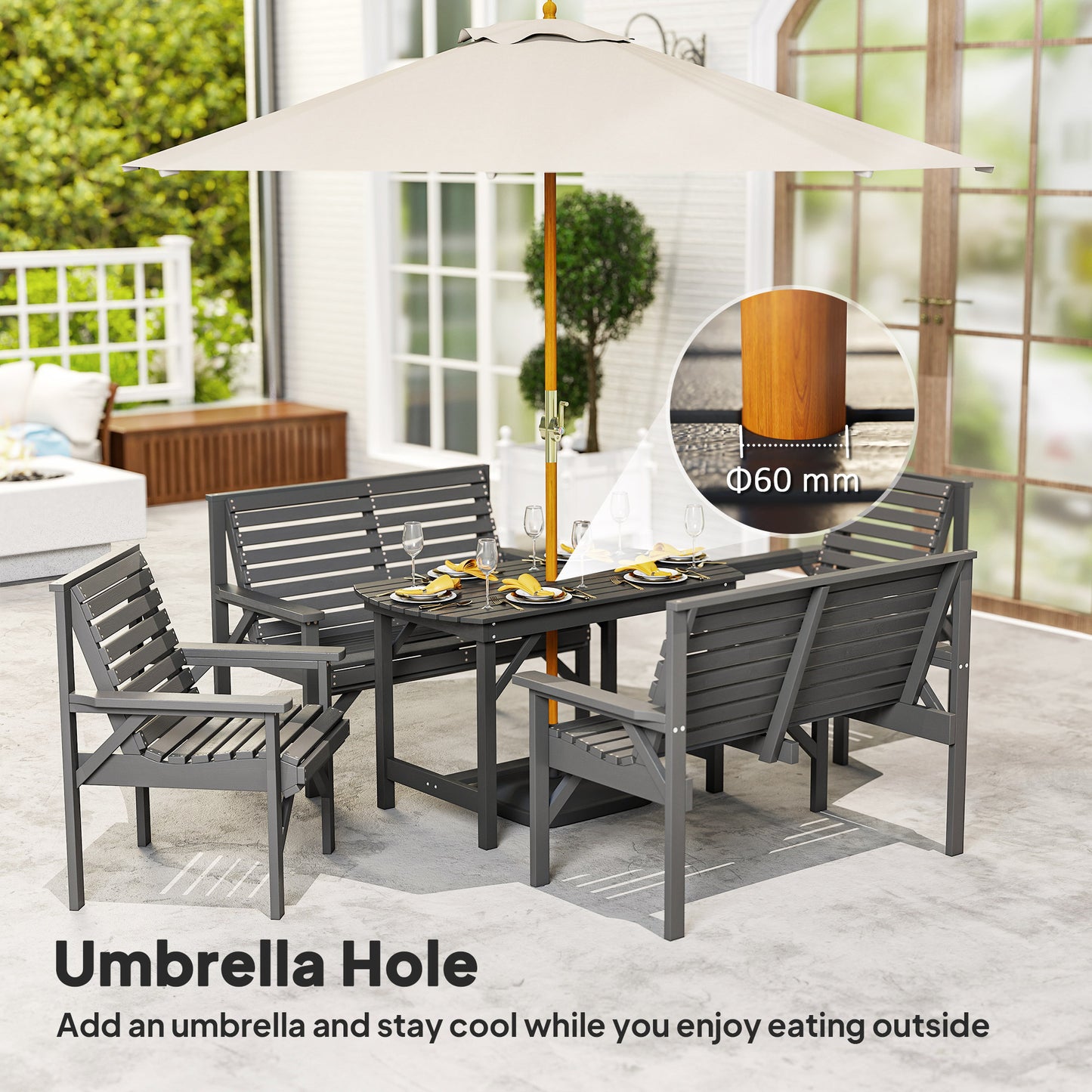 Outsunny 5-Piece Wooden Garden Dining Set for 6, 2 Armchairs, 2 Loveseats, Dining Table with Umbrella Hole, Patio/ Balcony, Grey