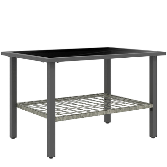 Outsunny Outdoor Rattan Coffee Table with Tempered Glass Top, Storage Shelf, Foot Pads, for Patio, Balcony, Mixed-grey