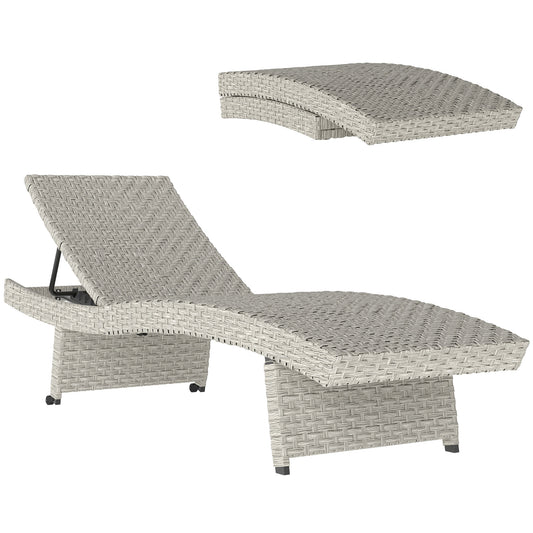 Outsunny Outdoor PE Rattan Folding Sun Lounger with Adjustable Backrest, Wheels & Non-Slip Legs for Balcony/Beach, Grey.