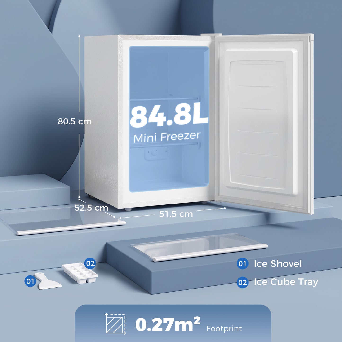 HOMCOM 85L Mini Freezer Countertop, Compact Freestanding Upright Freezer with Reversible Door, Removable Glass Shelves, White