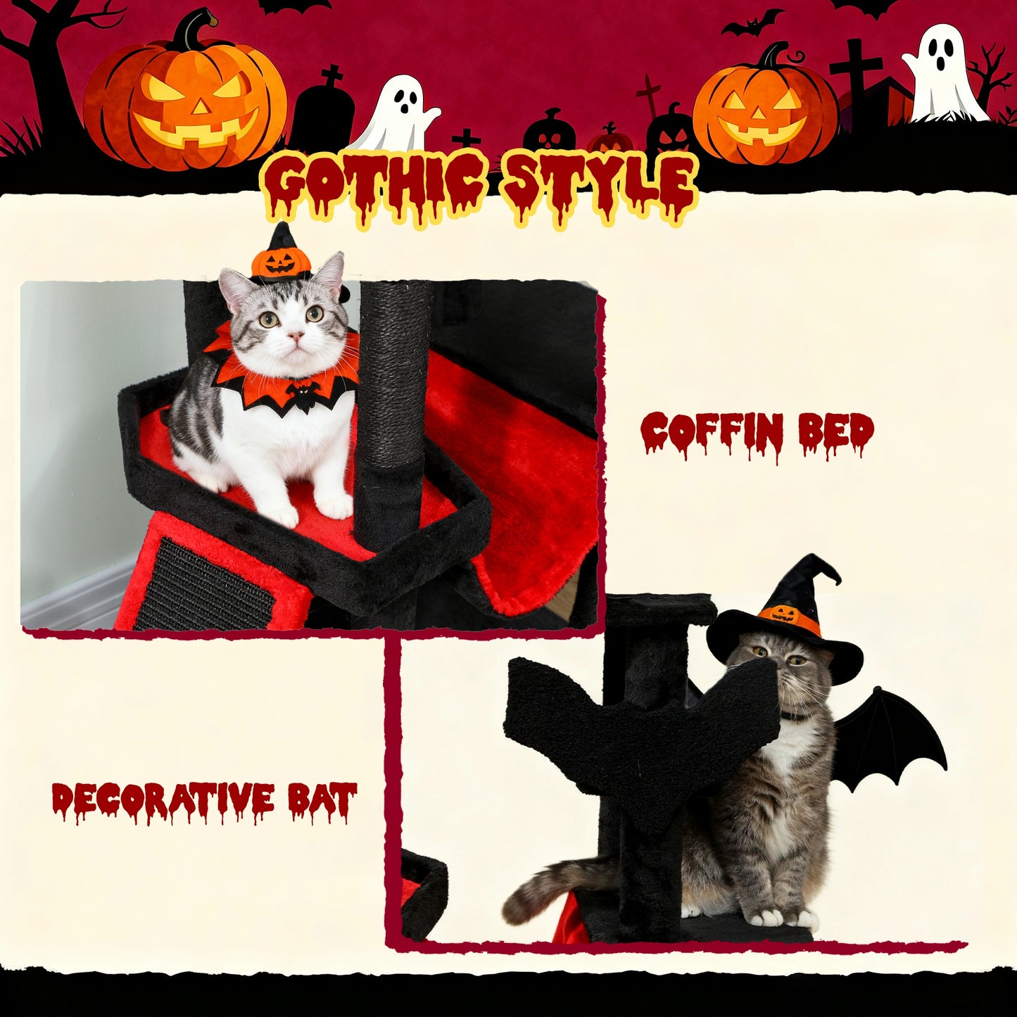 PawHut Gothic Cat Tree, 152 cm Multi-Level Cat Tower for Large Cats with Coffin Bed, Large Condo, for Halloween