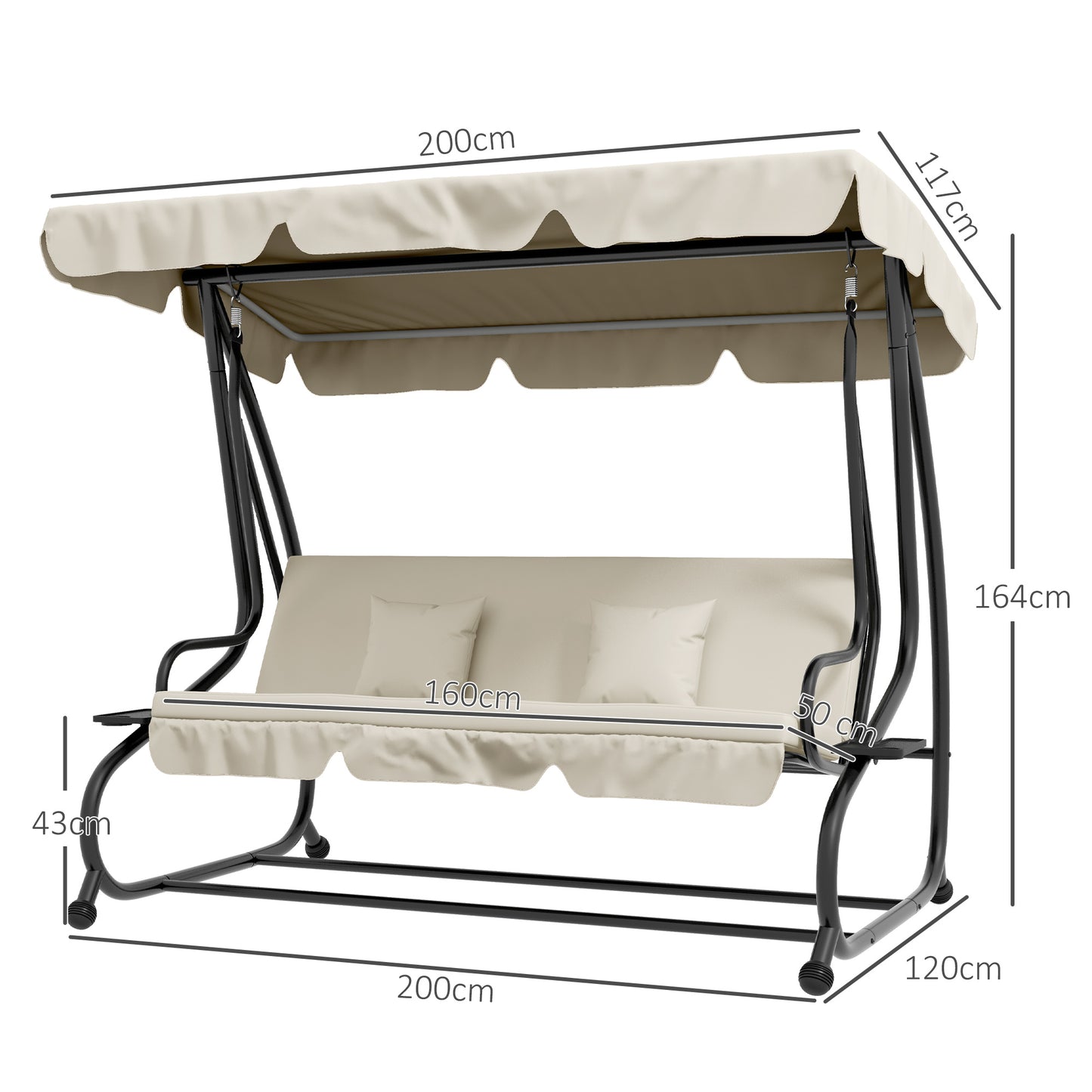 Outsunny Three-Person garden Swing Chair, with Adjustable Canopy - Cream White