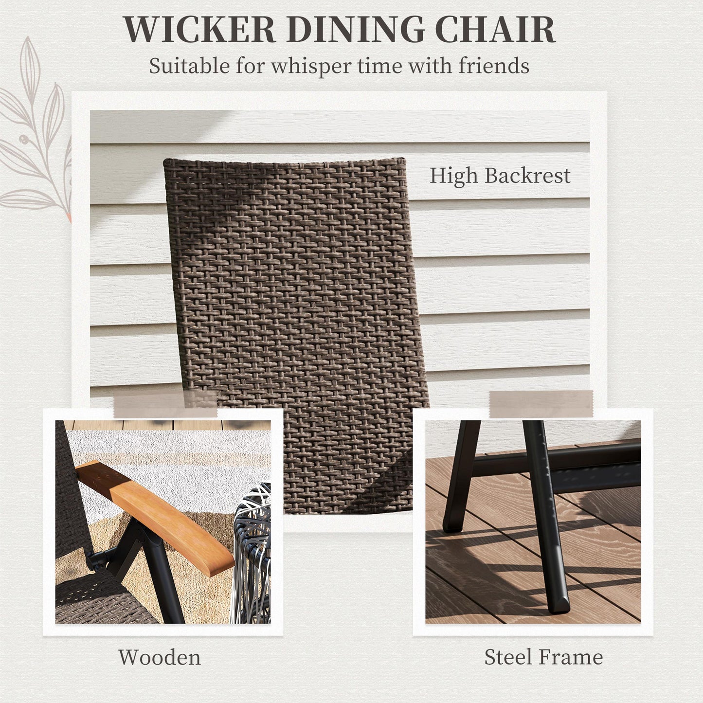 Outsunny Outdoor Foldable Dining Chair with Armrests, High Backrest, for Garden, Camping, Balcony, Porch, Brown