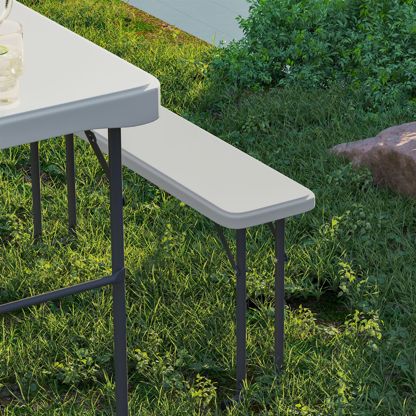 Outsunny 3 Piece Folding Picnic Table & Bench Set, Portable HDPE with Carry Handle for Indoor/Outdoor, Light Grey