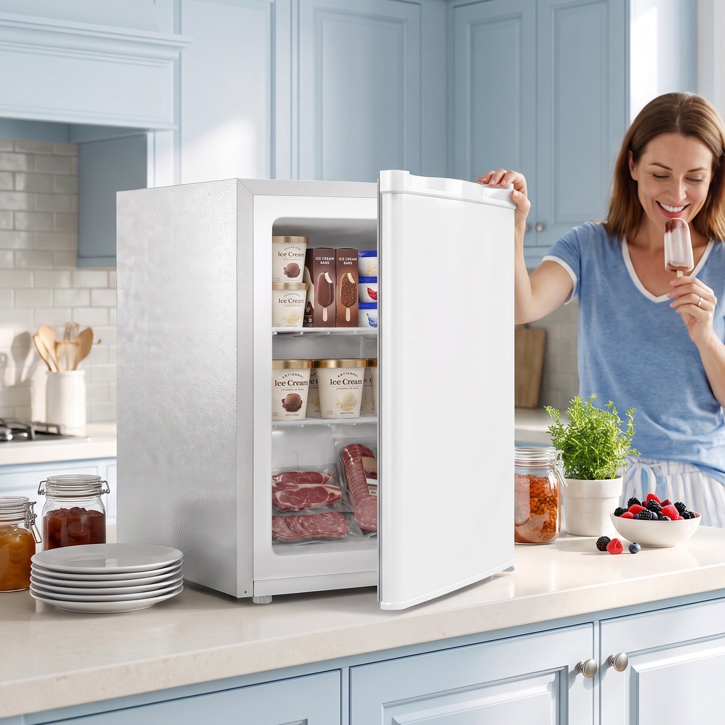 HOMCOM 60L Tabletop Mini Freezer, Countertop Small Freezer with Reversible Door, Removable Wire Shelves, White
