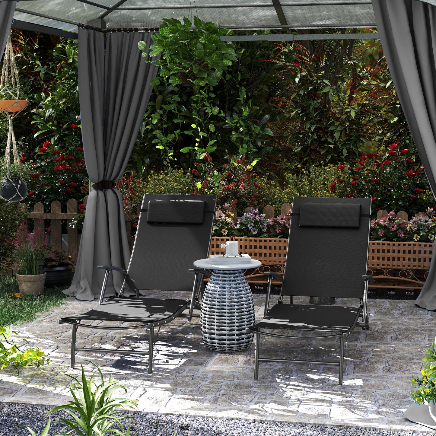 Outsunny Set of 2 Folding Sun Loungers, 4-Position Adjustable Garden Chairs with Armrests, Black