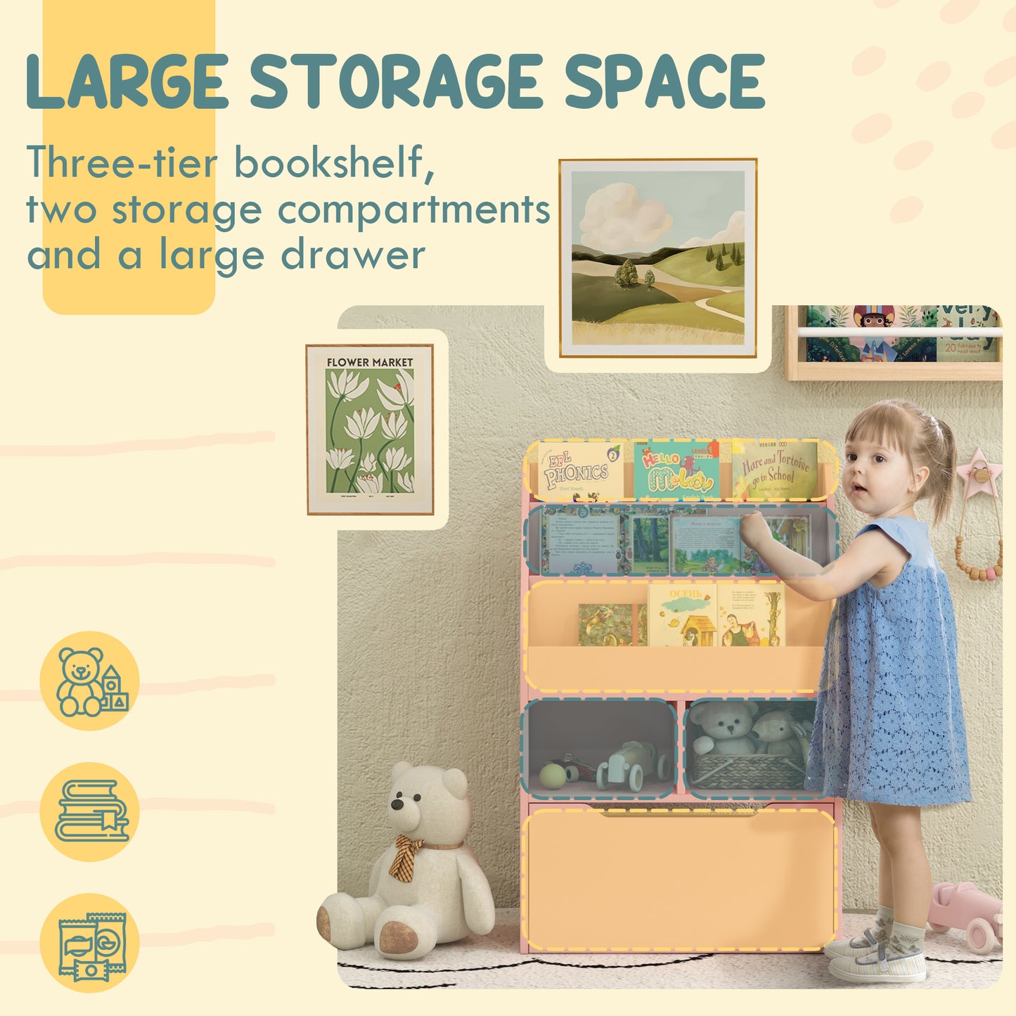 HOMCOM Kids Bookshelf, Toy Organiser, with Storage Drawer, Wheels - Pink